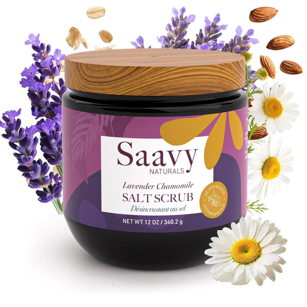 Saavy Naturals Body Scrub – Lavender Chamomile Salt Exfoliant with Vitamin E (12 oz) | Gentle for Sensitive Skin | Made in USA