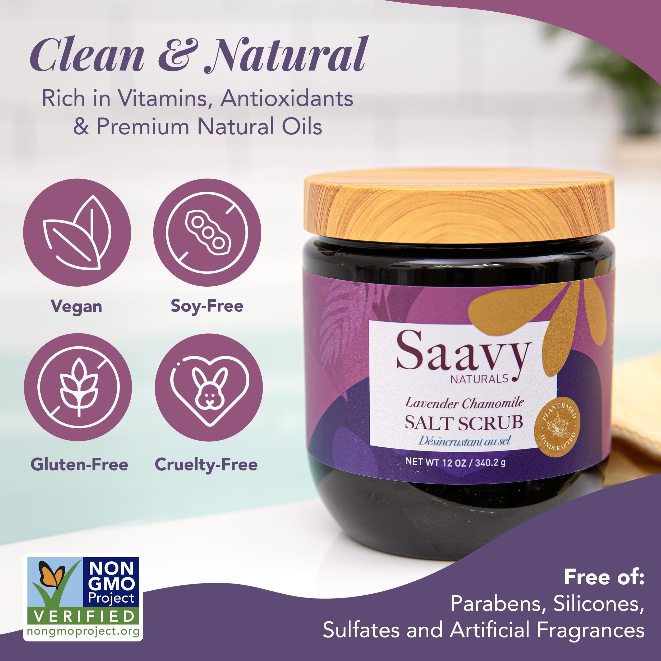 Saavy Naturals Body Scrub – Lavender Chamomile Salt Exfoliant with Vitamin E (12 oz) | Gentle for Sensitive Skin | Made in USA