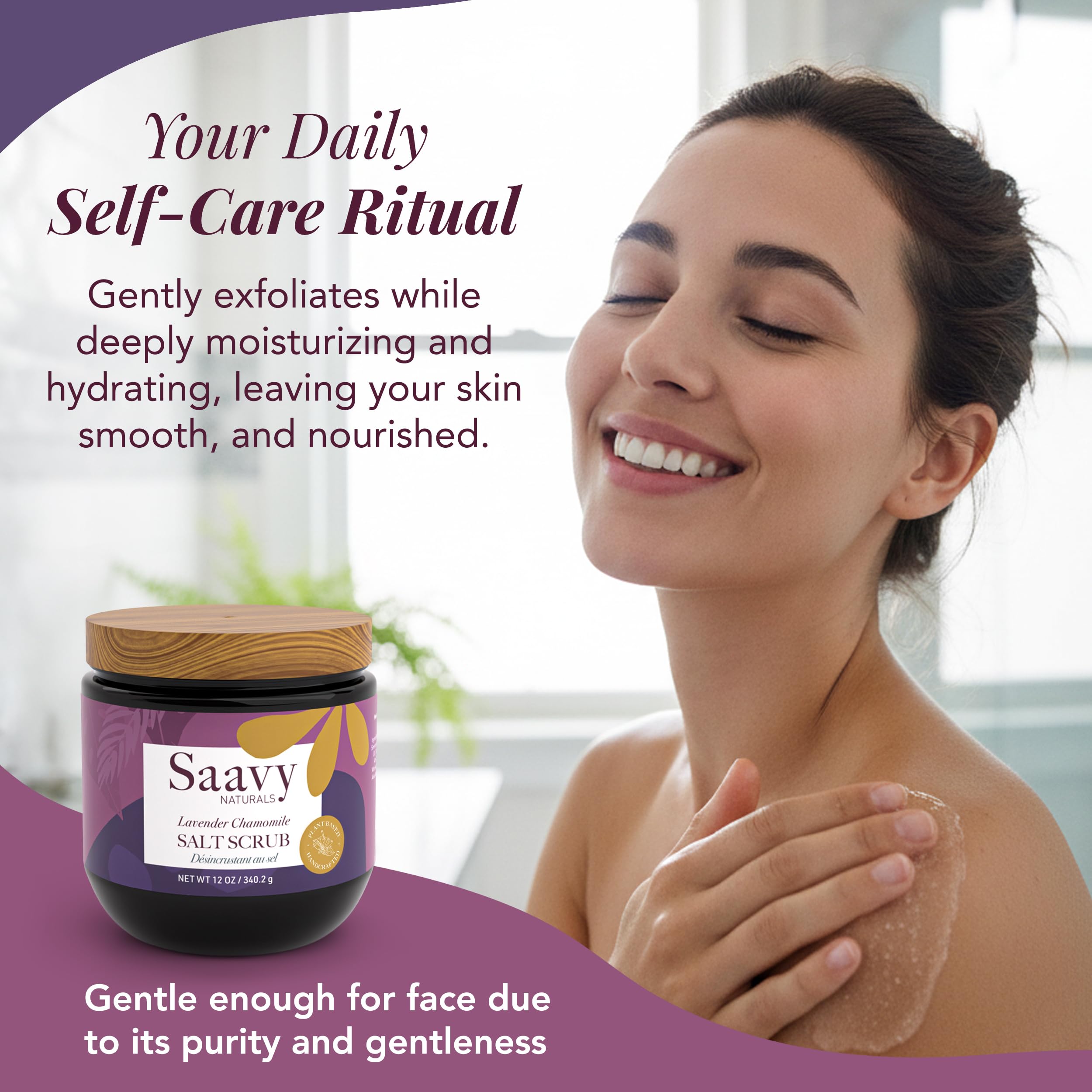 Saavy Naturals Body Scrub – Lavender Chamomile Salt Exfoliant with Vitamin E (12 oz) | Gentle for Sensitive Skin | Made in USA