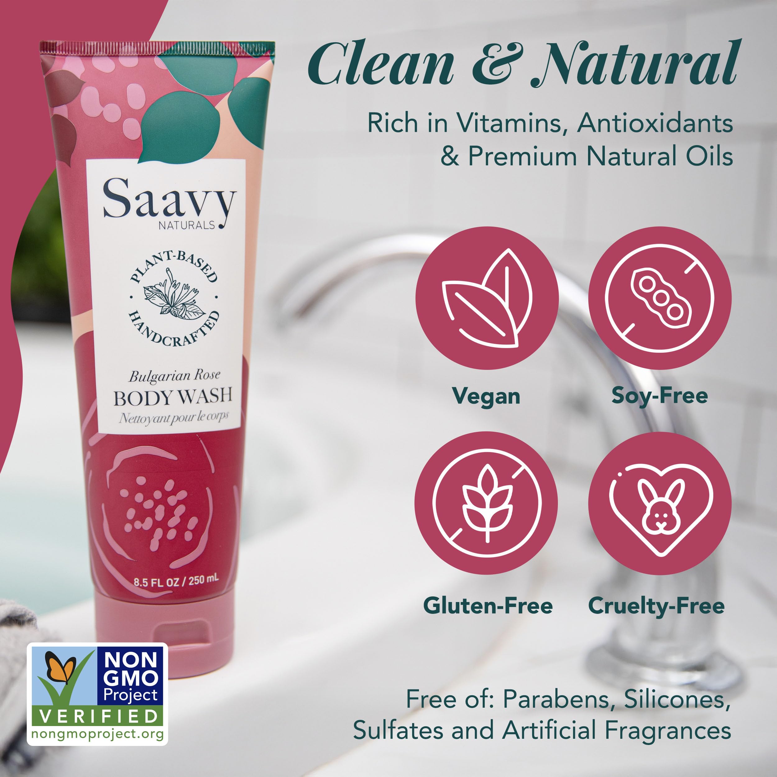 Saavy Naturals Moisturizing Body Wash for Sensitive Skin – Bulgarian Rose, Plant-Based & Paraben-Free – 8.5 fl oz, 2 Pack