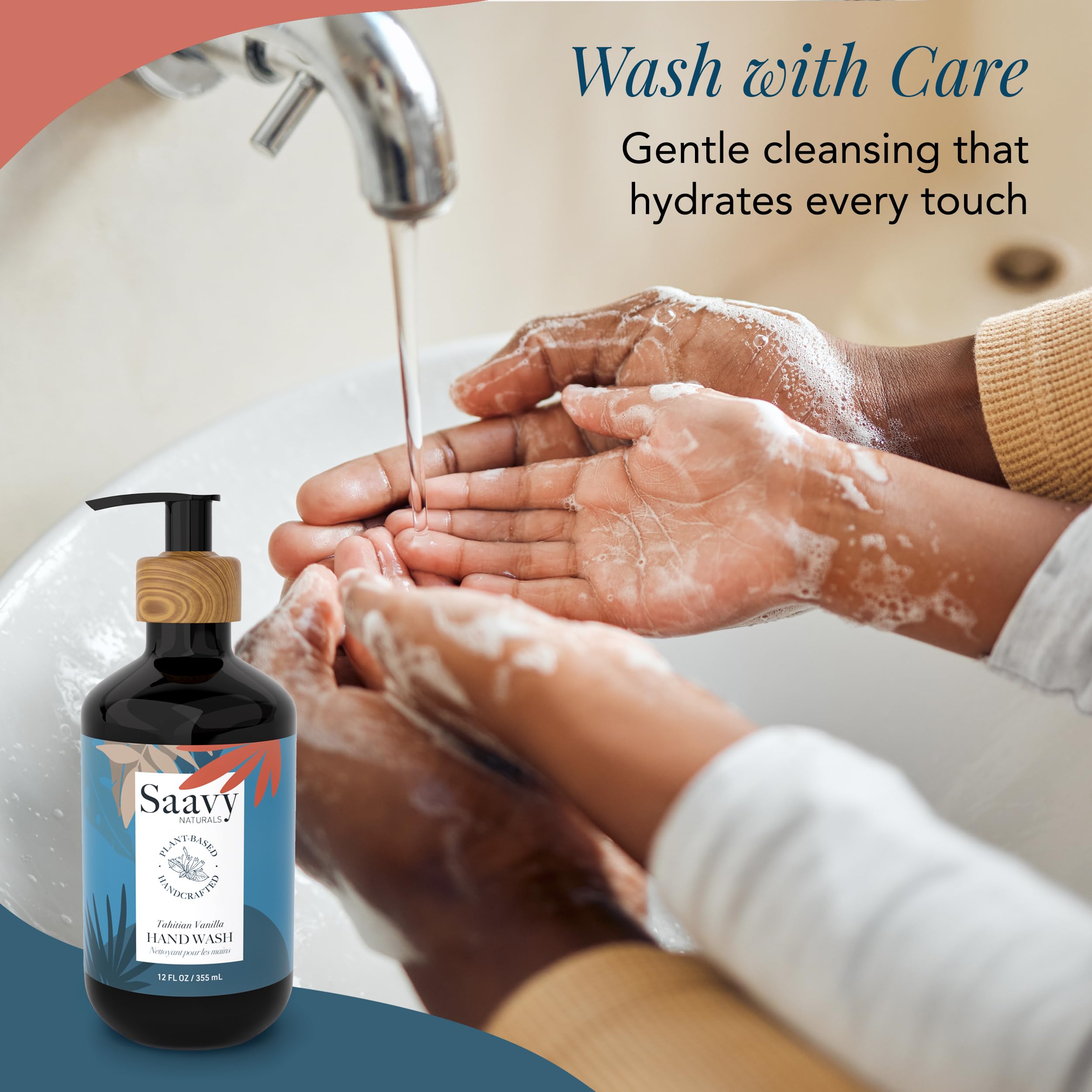 Saavy Naturals Hand Wash – Plant-Based, Sulfate-Free with Aloe Vera & Shea Butter – Tahitian Vanilla – 12 fl oz, 2 Pack