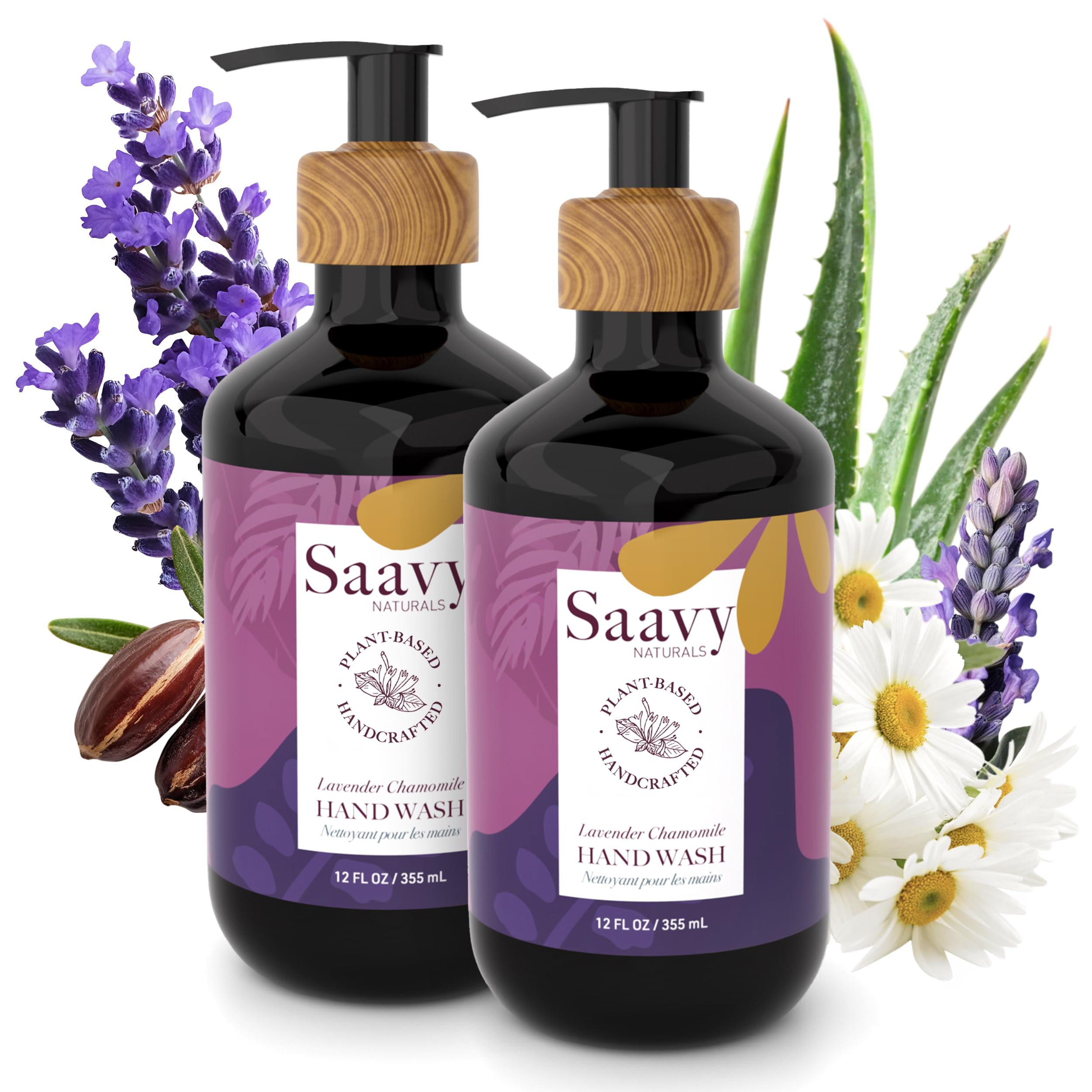 Saavy Naturals Hand Wash – Plant-Based Aloe Vera & Shea Butter, Lavender Chamomile, 12 fl oz (2-pack)