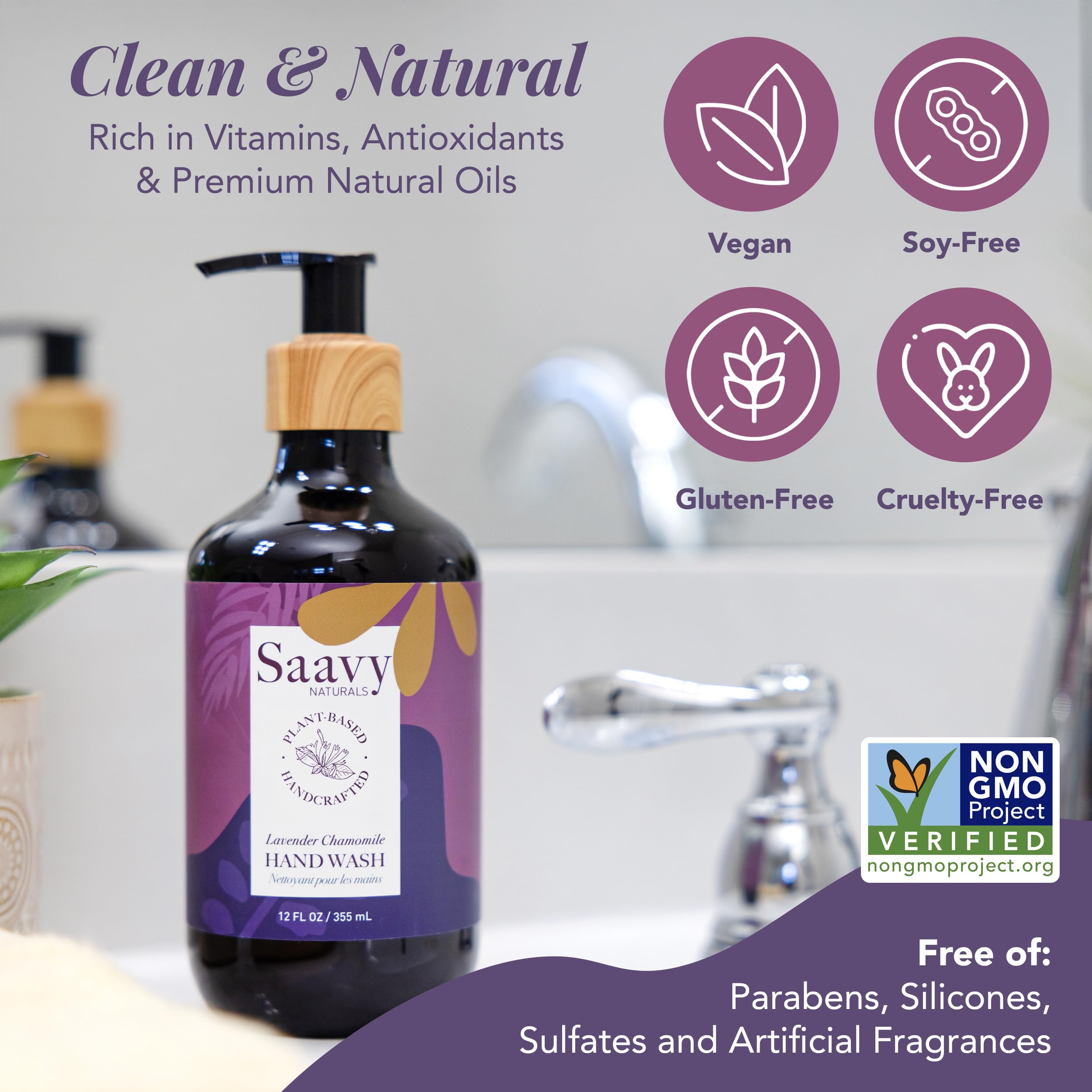 Saavy Naturals Hand Wash – Plant-Based Aloe Vera & Shea Butter, Lavender Chamomile, 12 fl oz (2-pack)