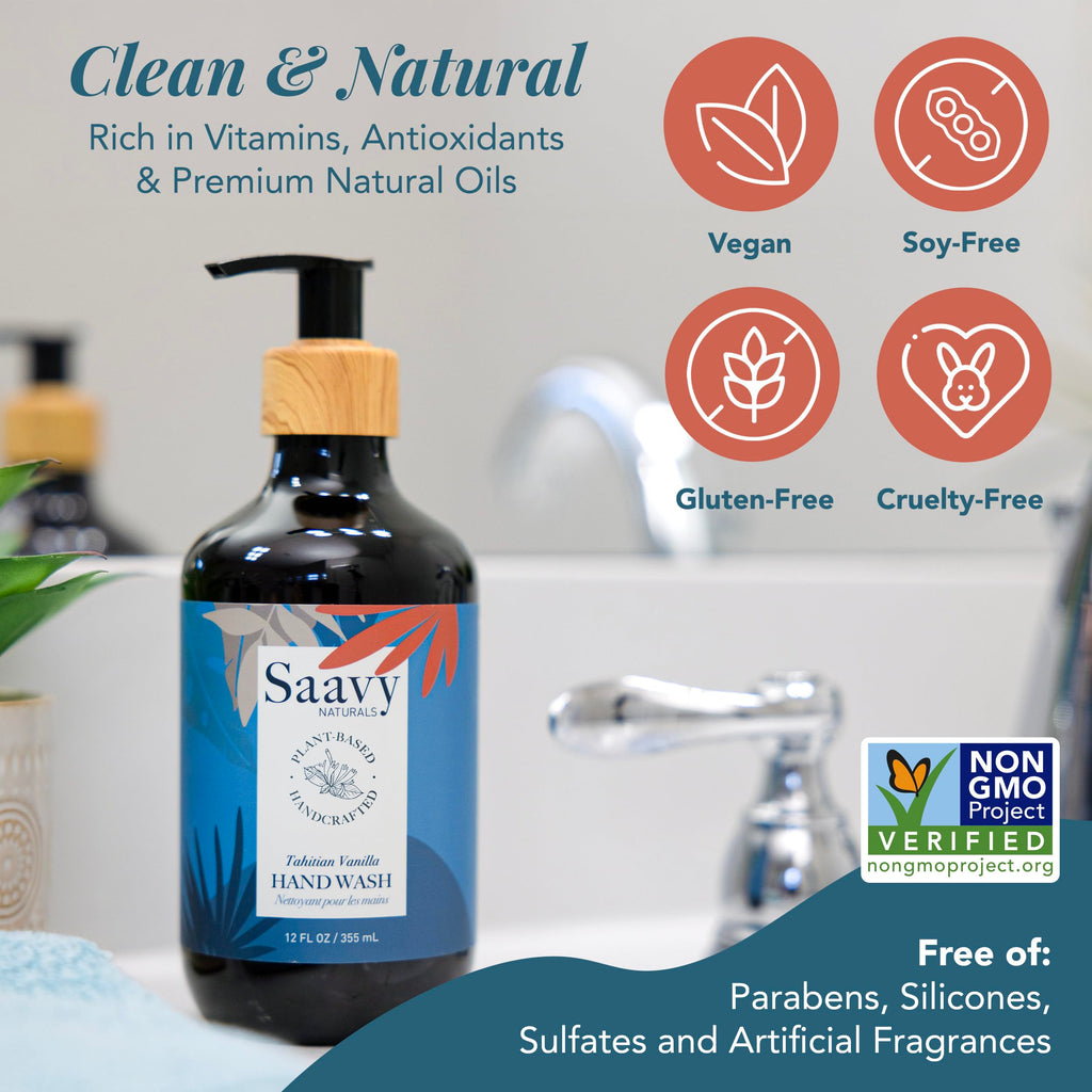 Saavy Naturals Hand Wash – Plant-Based, Sulfate-Free with Aloe Vera & Shea Butter – Tahitian Vanilla – 12 fl oz, 2 Pack