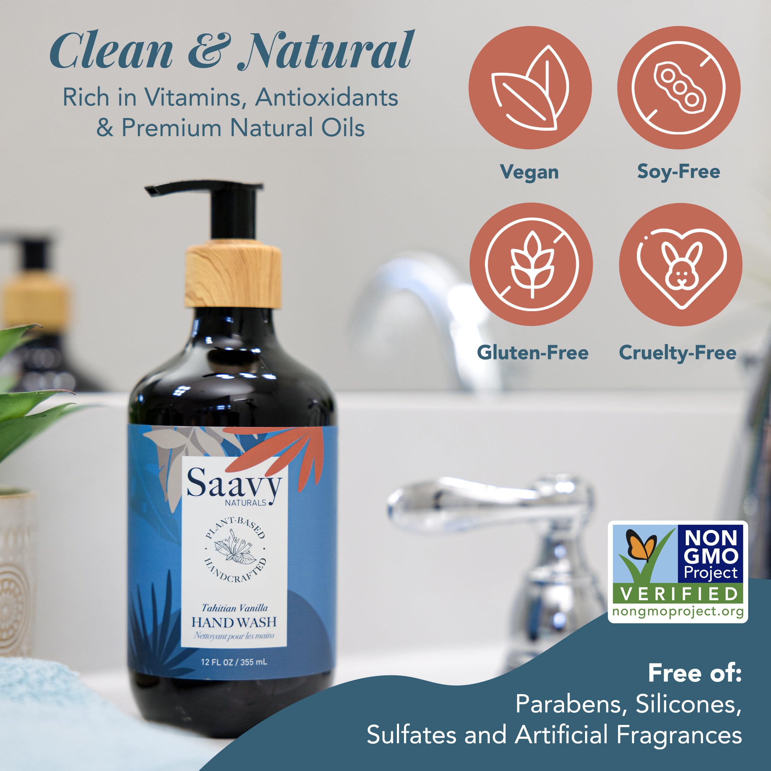 Saavy Naturals Hand Wash – Plant-Based, Sulfate-Free with Aloe Vera & Shea Butter – Tahitian Vanilla – 12 fl oz, 2 Pack