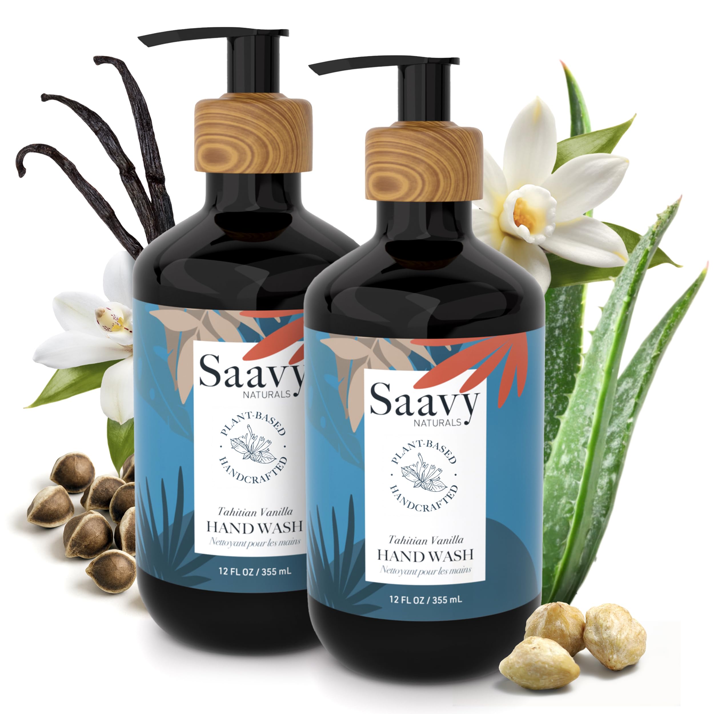 Saavy Naturals Hand Wash – Plant-Based, Sulfate-Free with Aloe Vera & Shea Butter – Tahitian Vanilla – 12 fl oz, 2 Pack