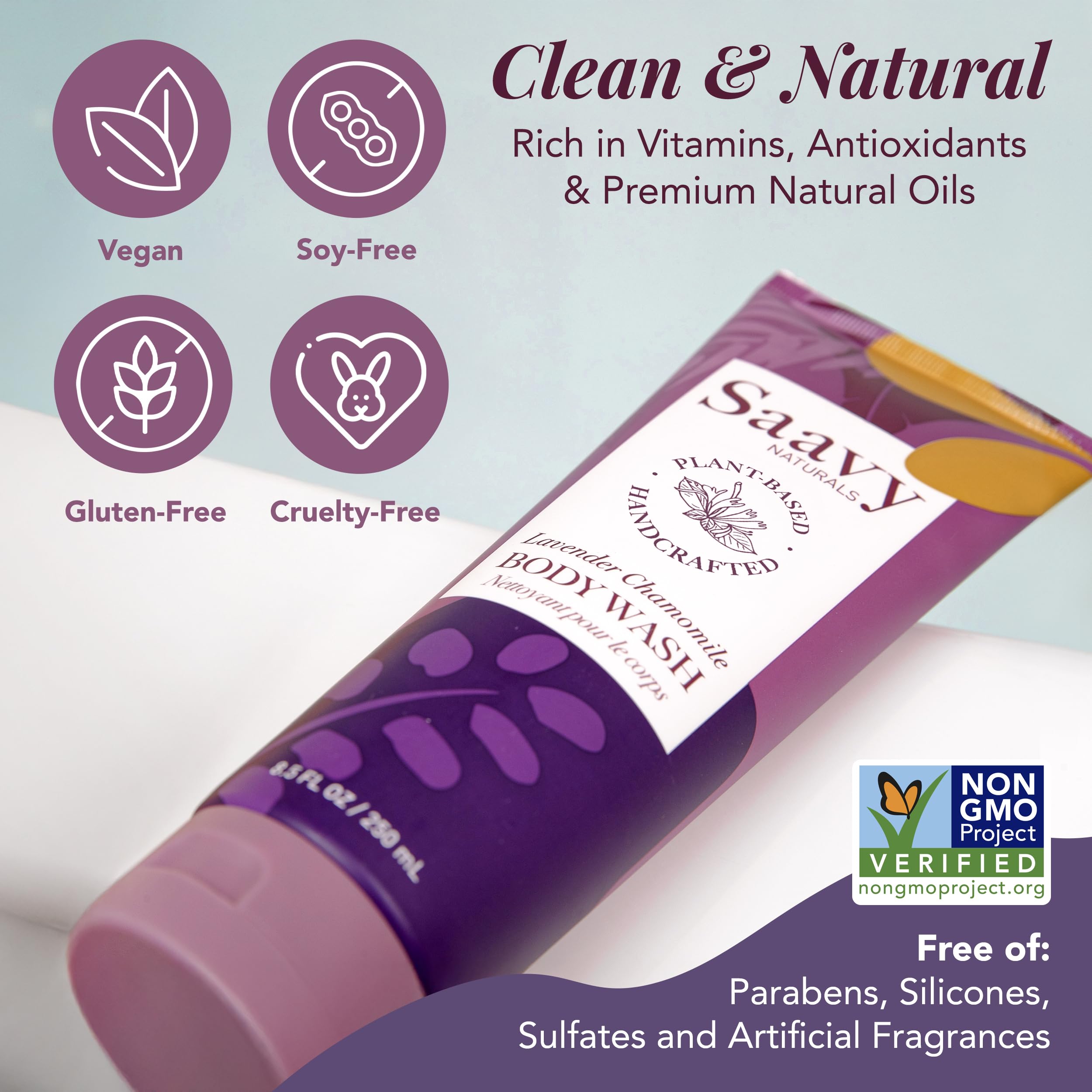 Saavy Naturals Moisturizing Body Wash for Sensitive Skin – Plant-Based, Lavender Chamomile, 2x8.5 oz