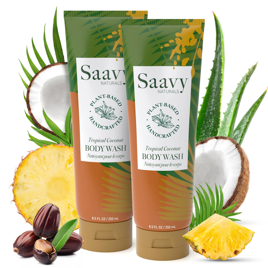 Saavy Naturals Moisturizing Body Wash for Sensitive Skin — Coconut Oil, Shea Butter & Aloe Vera | Paraben-Free, Cruelty-Free | Tropical Coconut | 8.5 fl oz, 2 pack