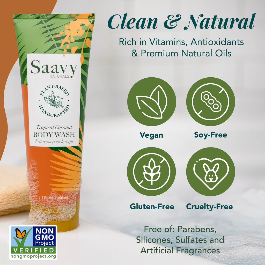 Saavy Naturals Moisturizing Body Wash for Sensitive Skin — Coconut Oil, Shea Butter & Aloe Vera | Paraben-Free, Cruelty-Free | Tropical Coconut | 8.5 fl oz, 2 pack