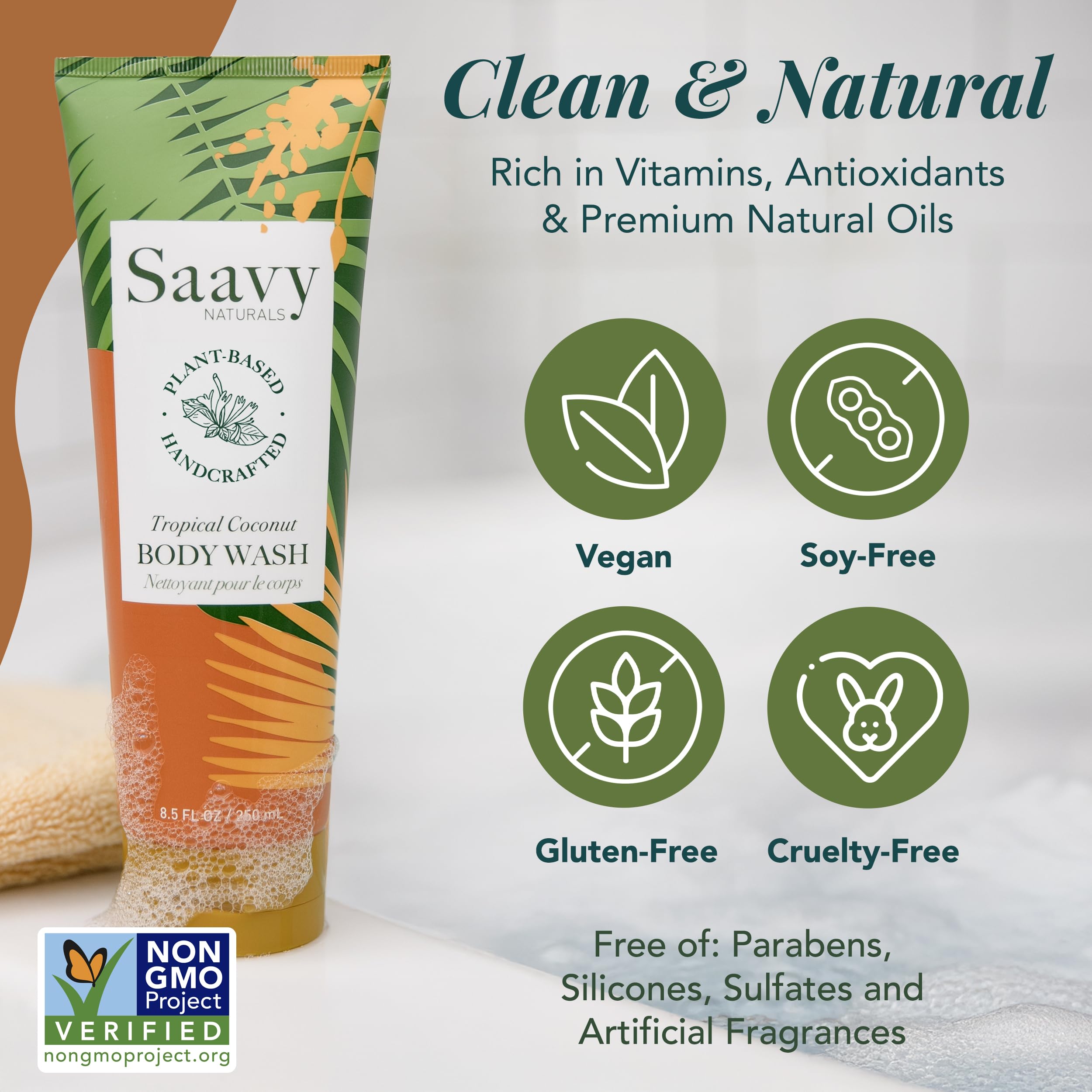Saavy Naturals Moisturizing Body Wash for Sensitive Skin — Coconut Oil, Shea Butter & Aloe Vera | Paraben-Free, Cruelty-Free | Tropical Coconut | 8.5 fl oz, 2 pack