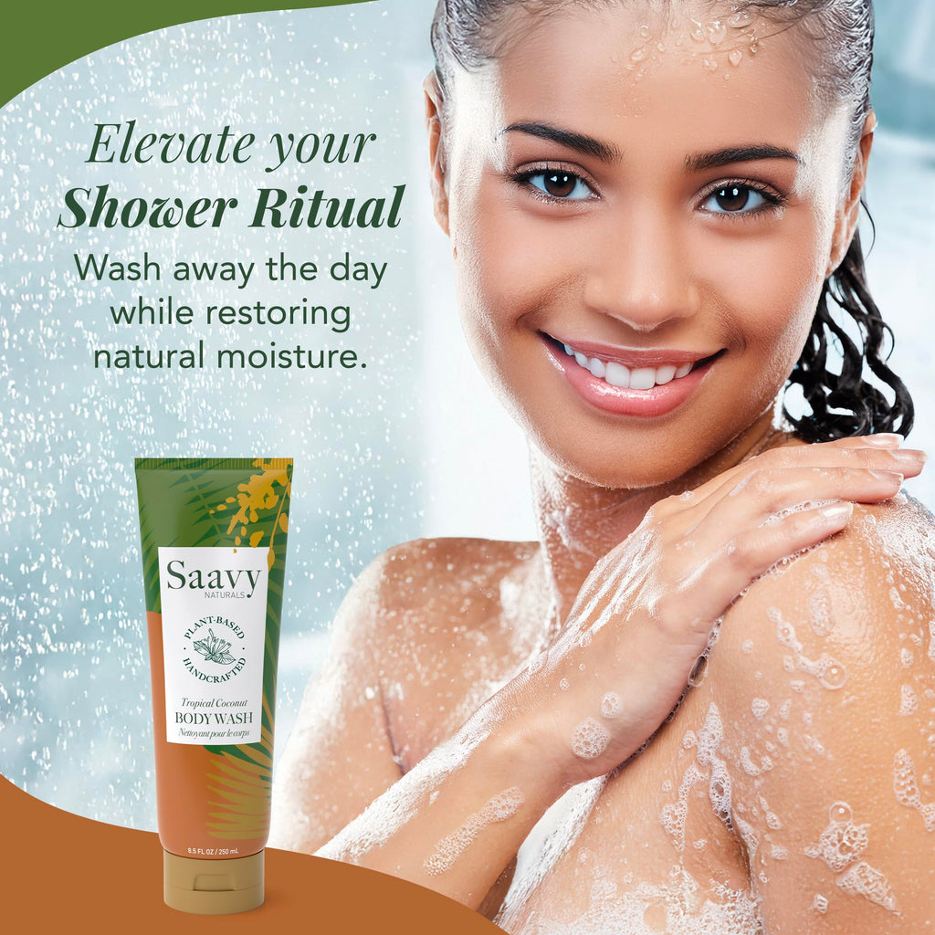 Saavy Naturals Moisturizing Body Wash for Sensitive Skin — Coconut Oil, Shea Butter & Aloe Vera | Paraben-Free, Cruelty-Free | Tropical Coconut | 8.5 fl oz, 2 pack