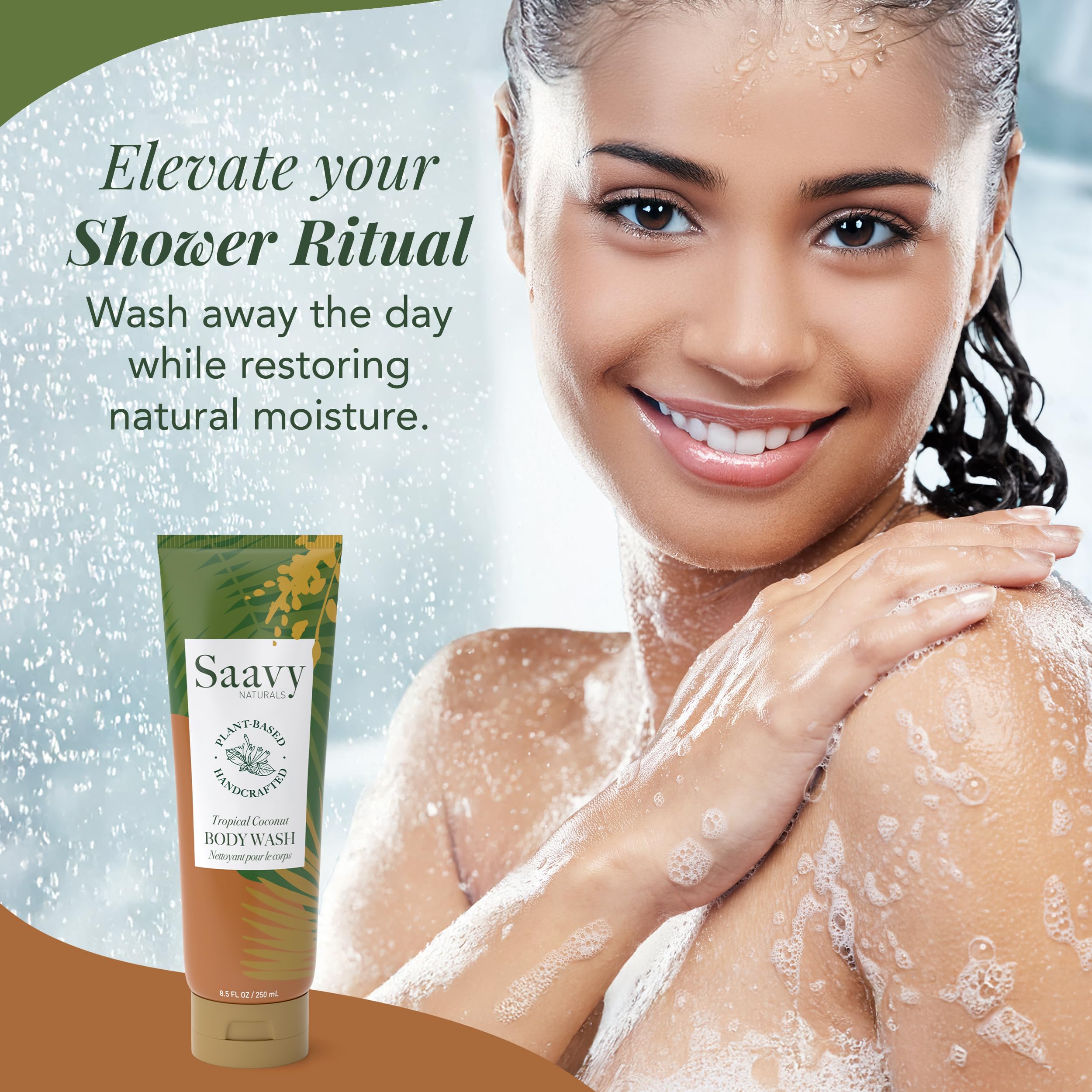 Saavy Naturals Moisturizing Body Wash for Sensitive Skin — Coconut Oil, Shea Butter & Aloe Vera | Paraben-Free, Cruelty-Free | Tropical Coconut | 8.5 fl oz, 2 pack
