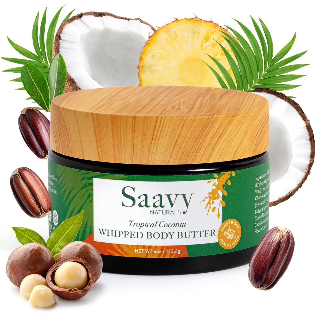 Saavy Naturals Whipped Body Butter – Organic Shea, Deep Hydration, Tropical Coconut, 4 oz