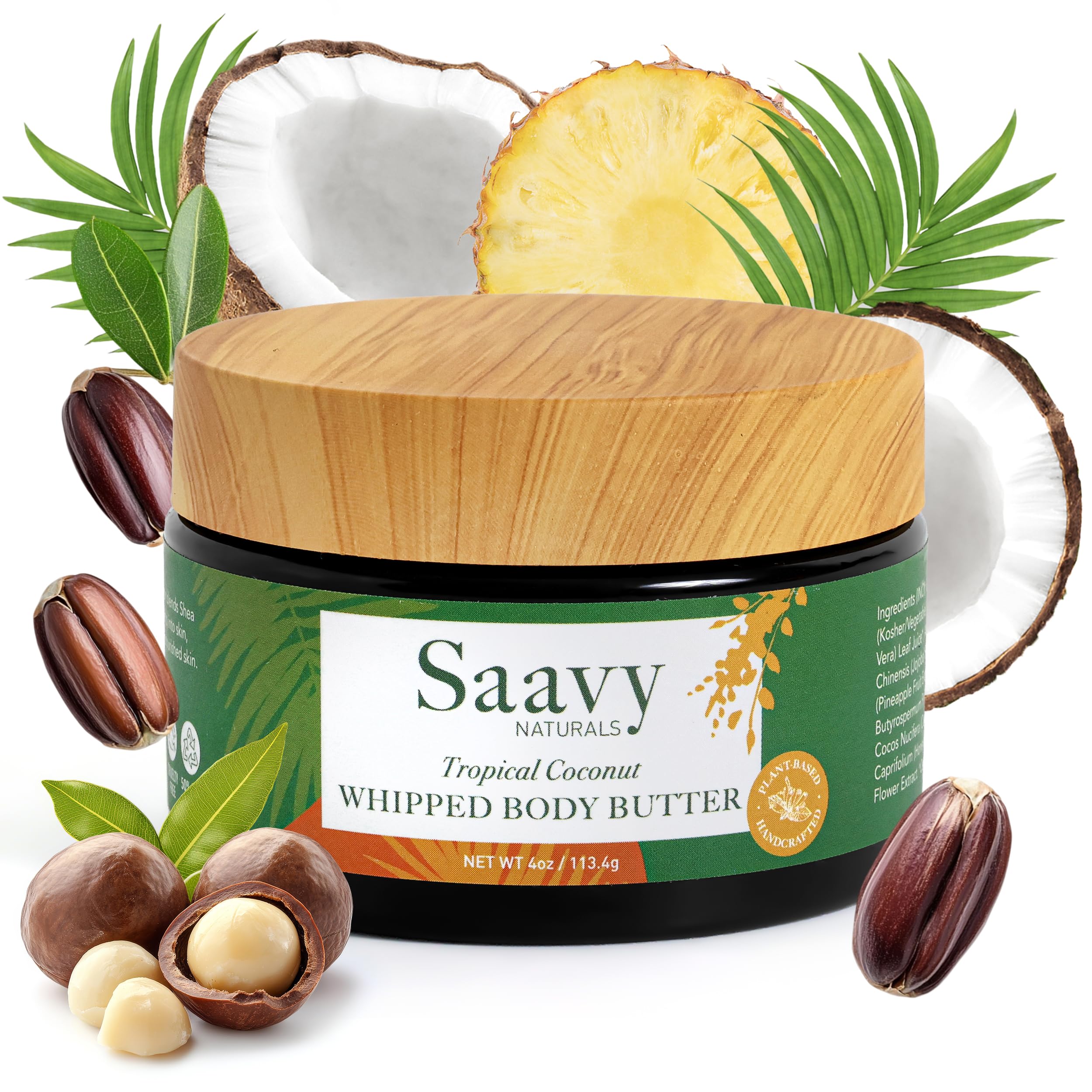 Saavy Naturals Whipped Body Butter – Organic Shea, Deep Hydration, Tropical Coconut, 4 oz