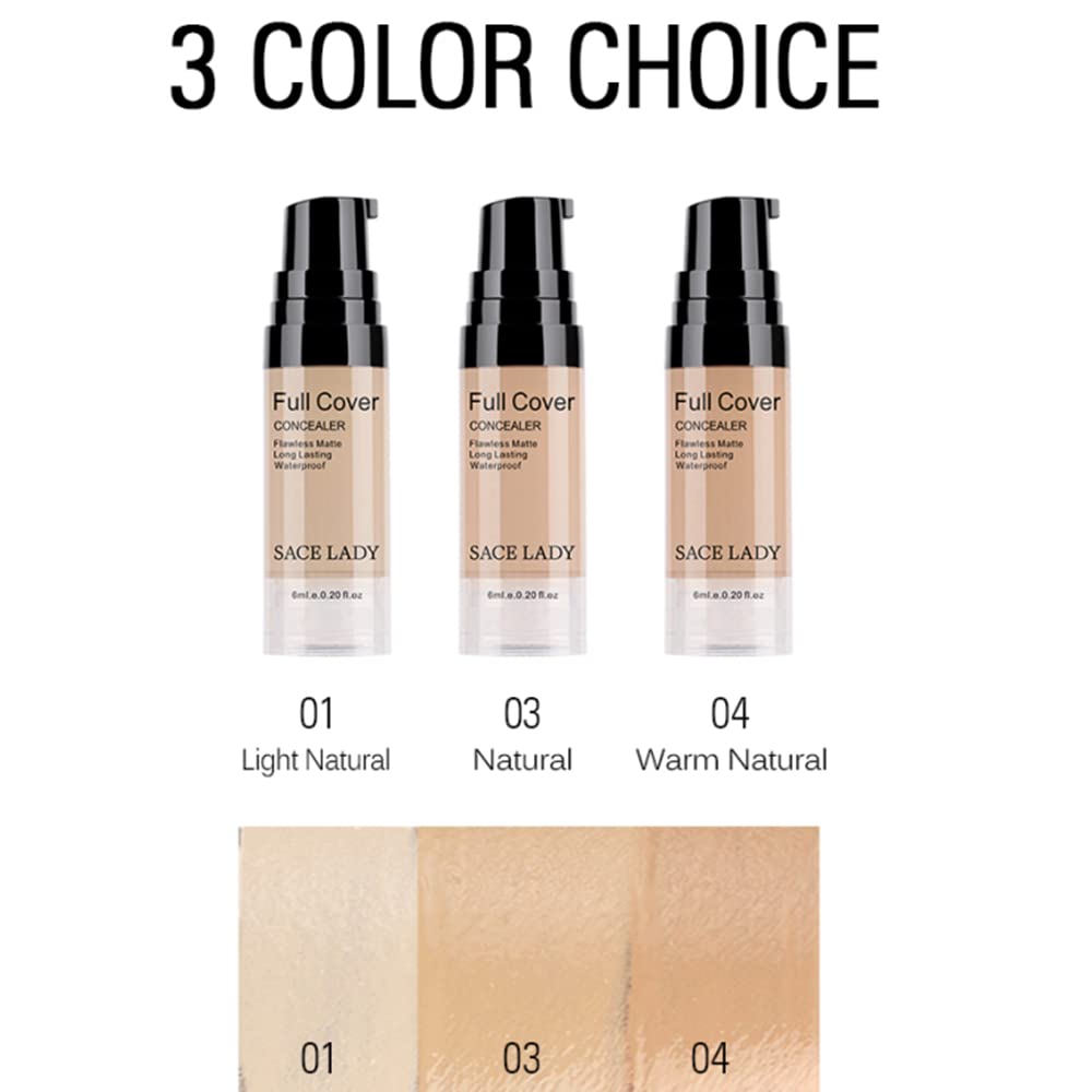 SACE LADY 3 Pack Pro Full Cover Liquid Concealer - Waterproof Matte Finish (Light Natural)