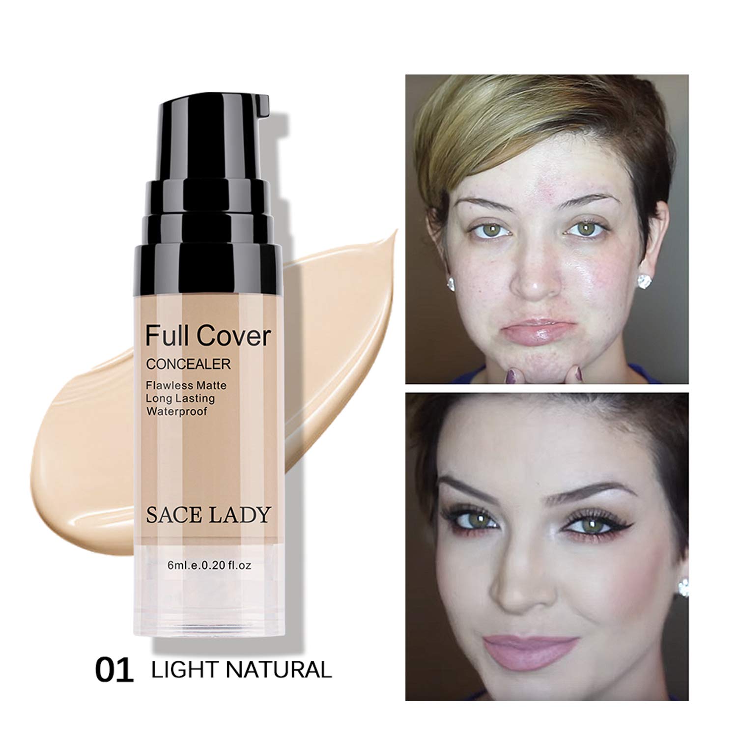 Waterproof Full-Coverage Concealer with Primer Sponge Set | SACE LADY – Matte, Long-Wear Foundation & Corrector (Light Natural)