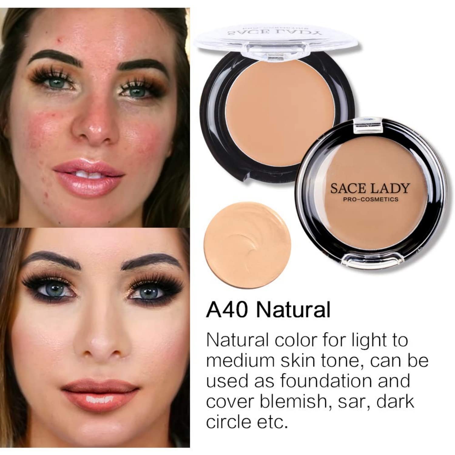 SACE LADY Waterproof Full Coverage Concealer Set with Primer Sponge – Matte Finish Corrector for Face, Eyes & Skin (0.2 Fl oz Natural)