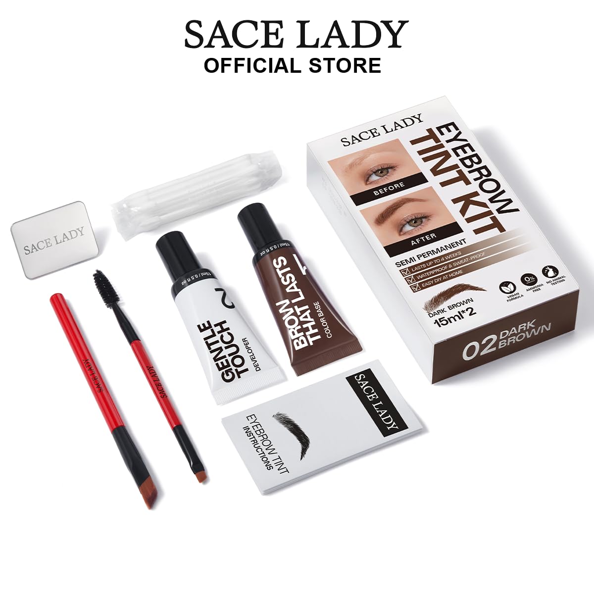 SACE LADY Eyebrow Color Kit – Long-Lasting, Waterproof, Vegan & Cruelty-Free (02 Dark Brown)