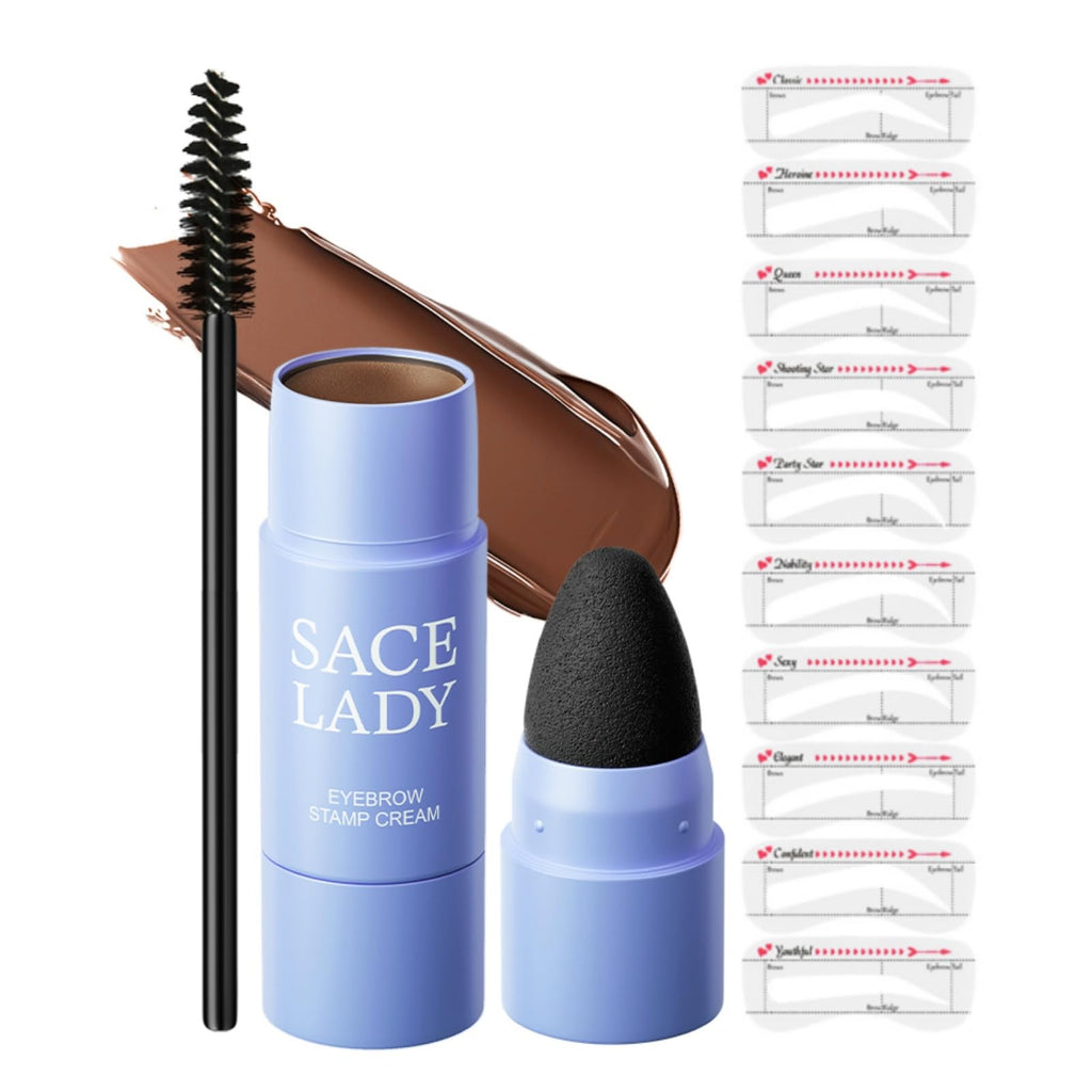 SACE LADY Eyebrow Stamp Kit – Natural-Looking Brows, Waterproof & Long-Lasting, 10 Reusable Stencils, 0.07 Oz #02 Dark Brown
