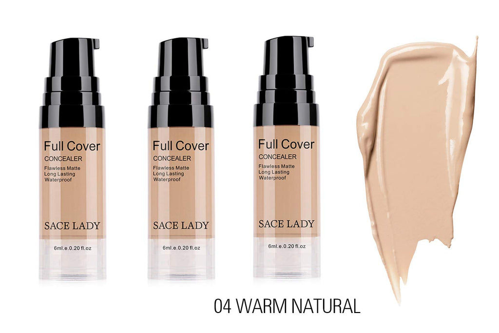 SACE LADY 3 Pack Pro Full Cover Liquid Concealer – Waterproof Matte Finish, Warm Natural