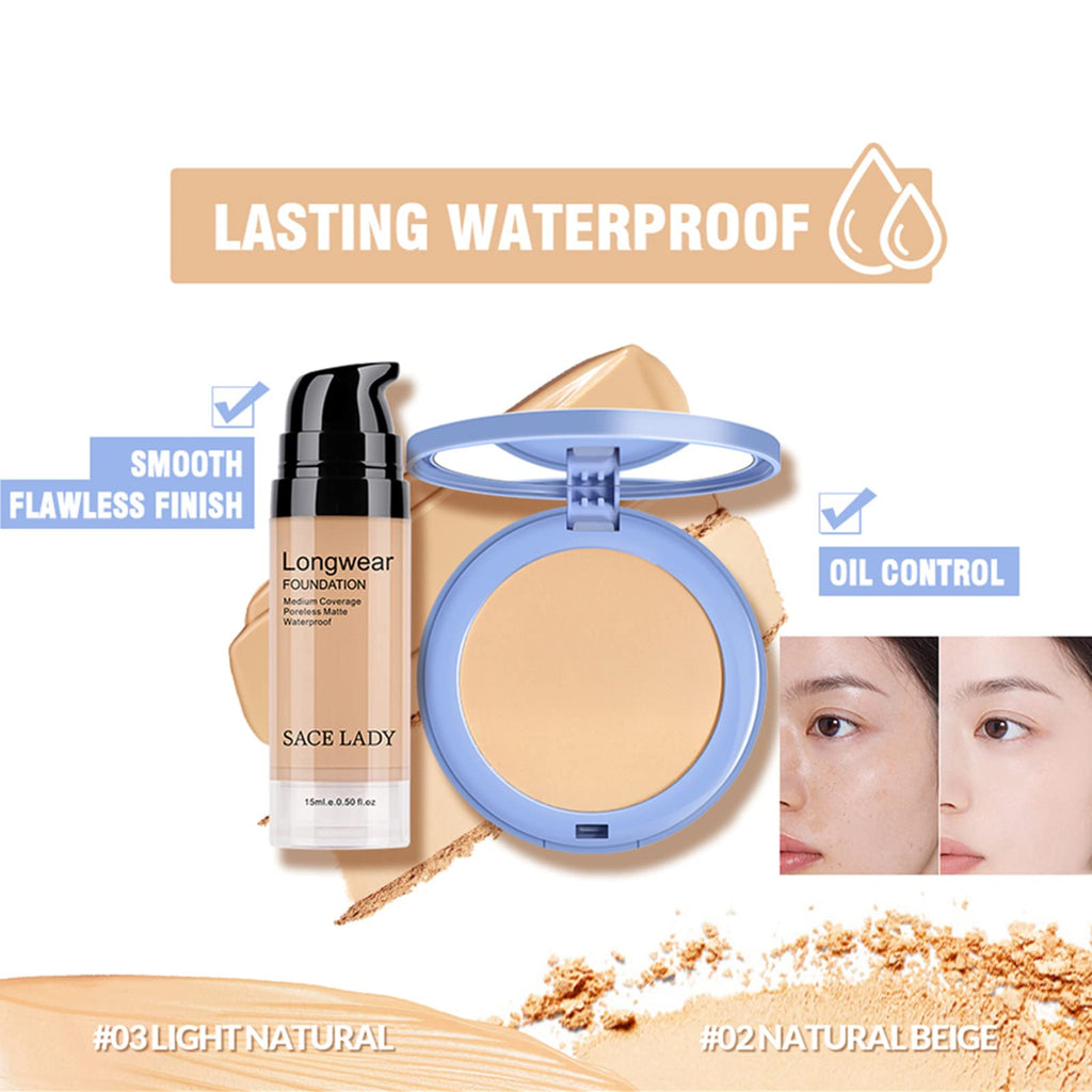 SACE LADY 2Pcs Face Makeup Set – Matte Foundation & Oil Control Powder | Waterproof, Long-Lasting Coverage