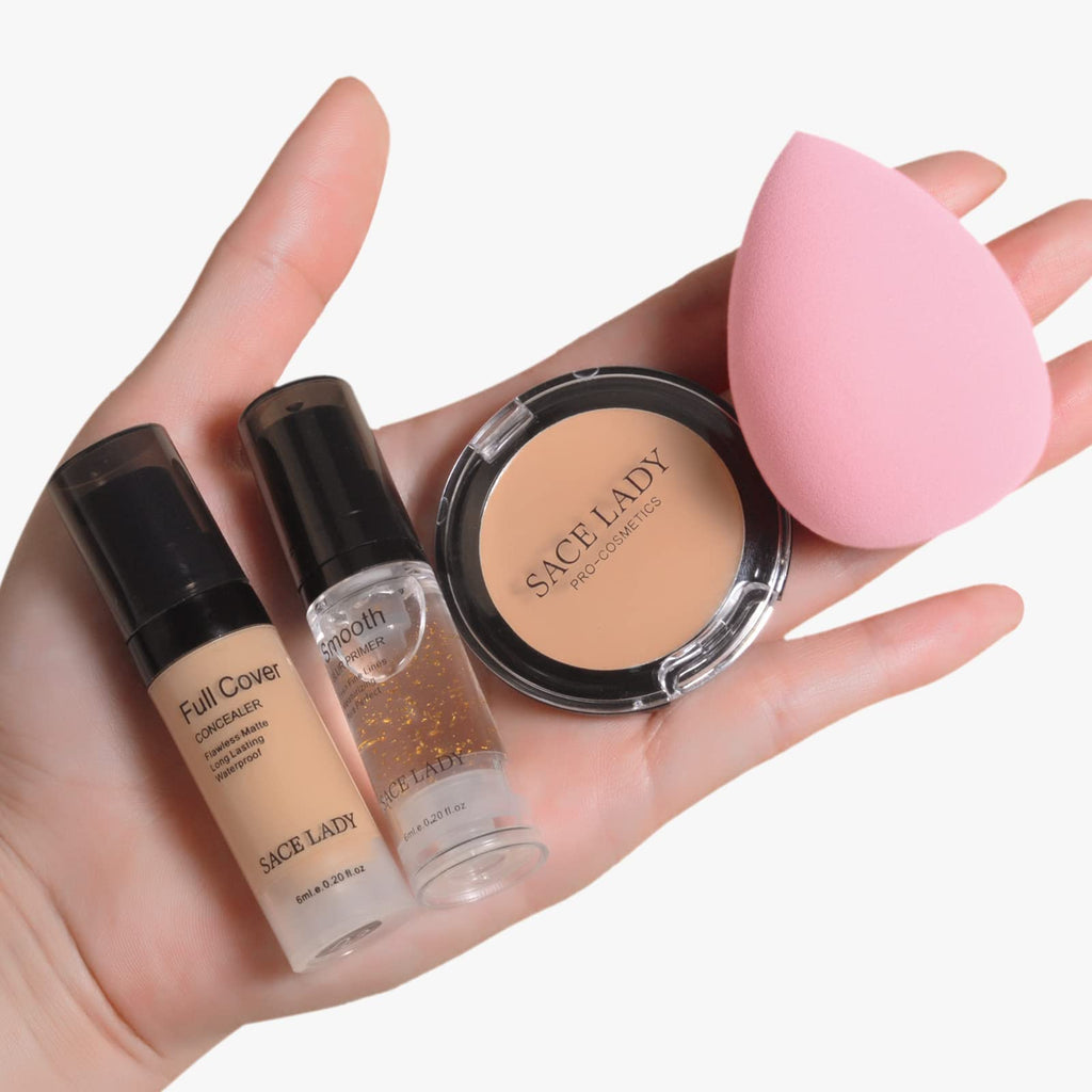 SACE LADY Waterproof Full-Coverage Concealer Kit with Primer Sponge | Matte Foundation for Face, Eyes & Acne Scars