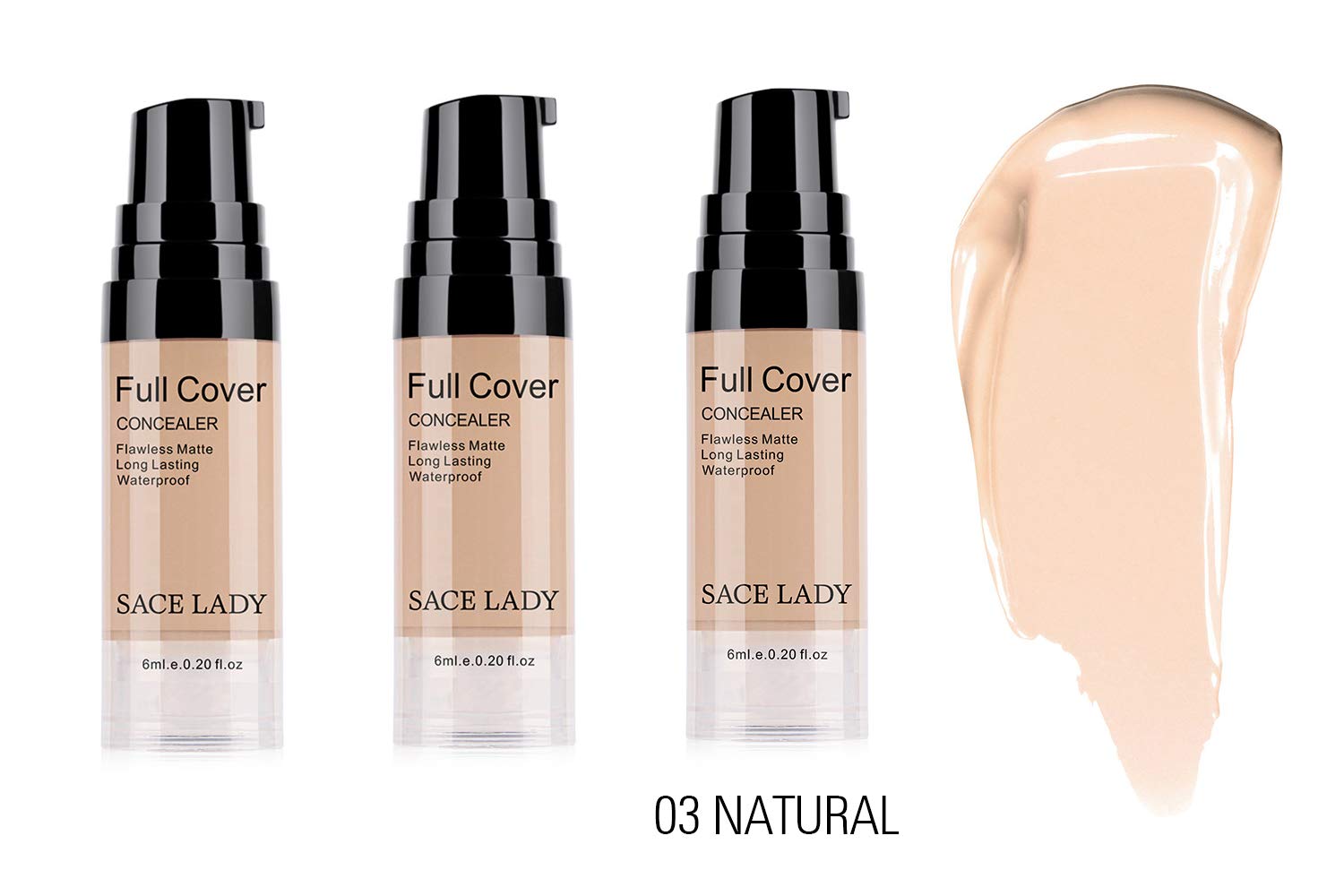 SACE LADY 3-Pack Pro Full Cover Liquid Concealer – Waterproof Matte Finish, Natural