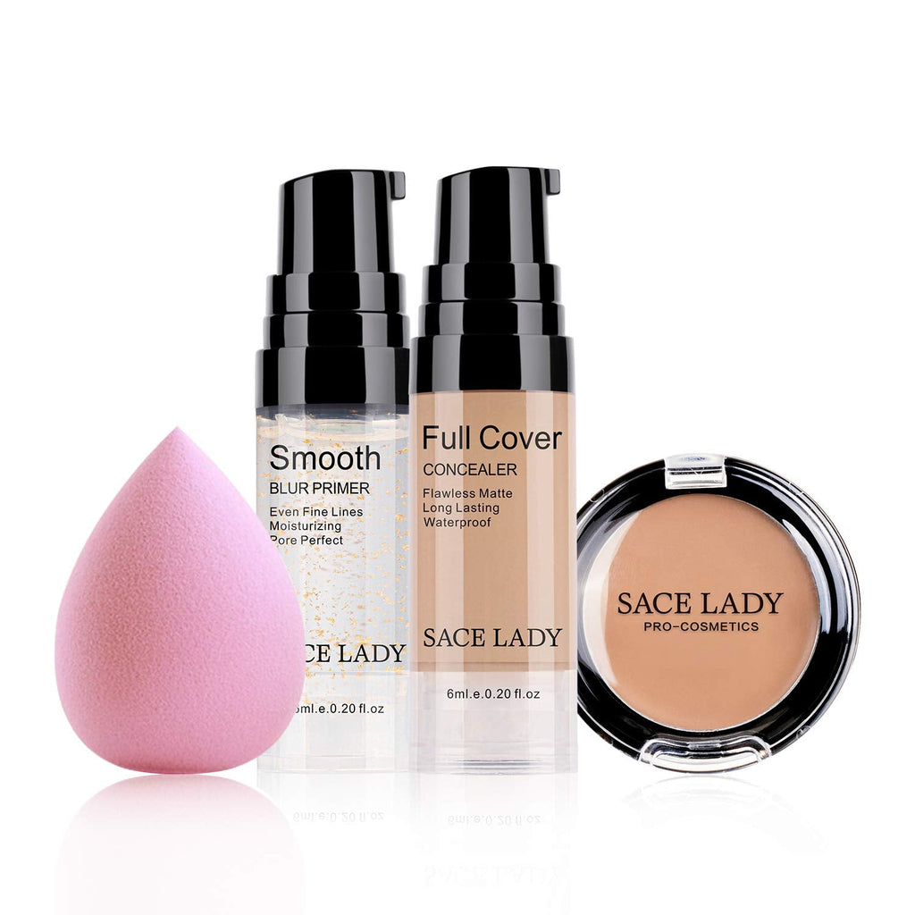 Waterproof Full-Coverage Concealer with Primer Sponge Set | SACE LADY – Matte, Long-Wear Foundation & Corrector (Light Natural)