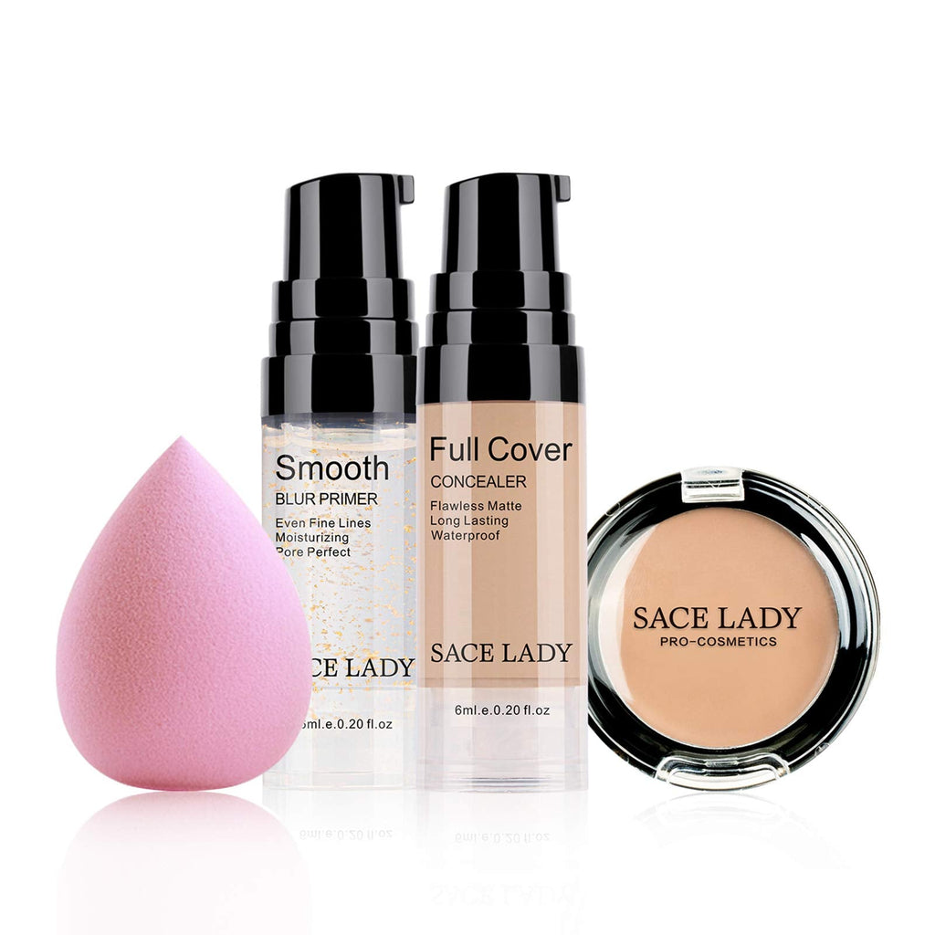 SACE LADY Waterproof Full Coverage Concealer Set with Primer Sponge – Matte Finish Corrector for Face, Eyes & Skin (0.2 Fl oz Natural)
