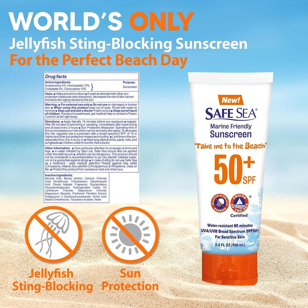 SAFE SEA Anti-Jellyfish Sting SPF 50+ Sunscreen – Reef-Safe 3-Pack (3.4 oz Tubes) for Adults