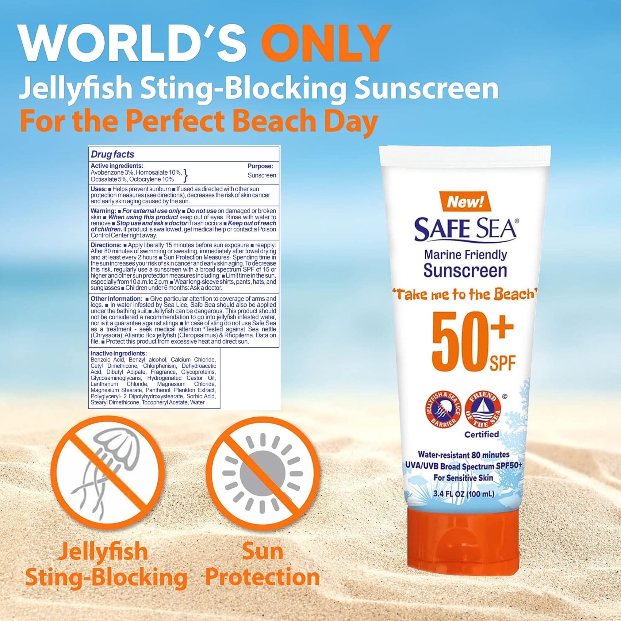 SAFE SEA Anti-Jellyfish Sting SPF 50+ Sunscreen – Reef-Safe 3-Pack (3.4 oz Tubes) for Adults