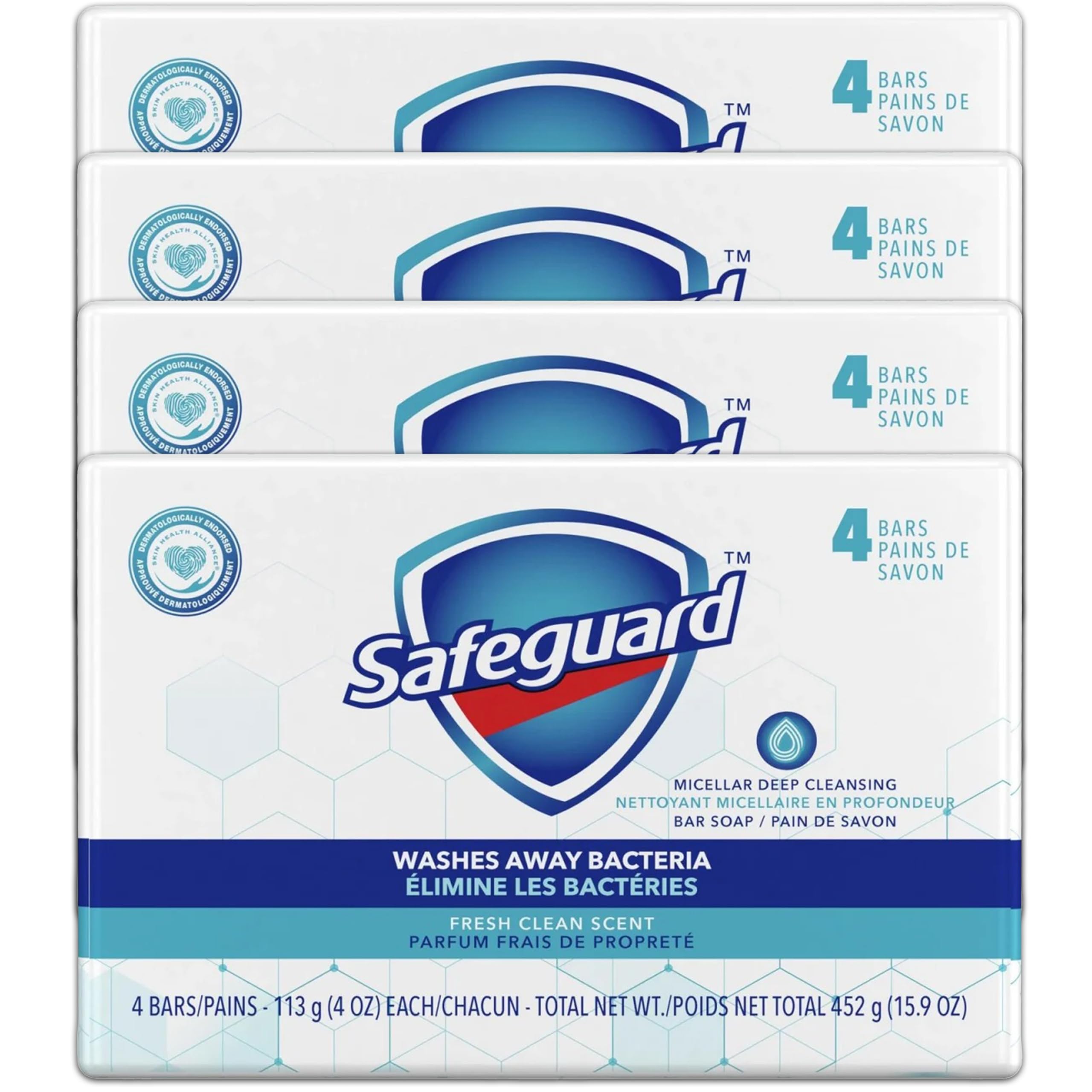 Safeguard Micellar Deep Cleansing Bar Soap — 16 Count, Fresh Scent, Gentle Hand & Body Bars