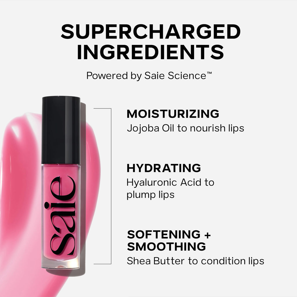 Saie Glossybounce Lip Gloss-Oil Hybrid with Hyaluronic Acid & Jojoba Oil | Non-Sticky, Ultra-Shiny Lips