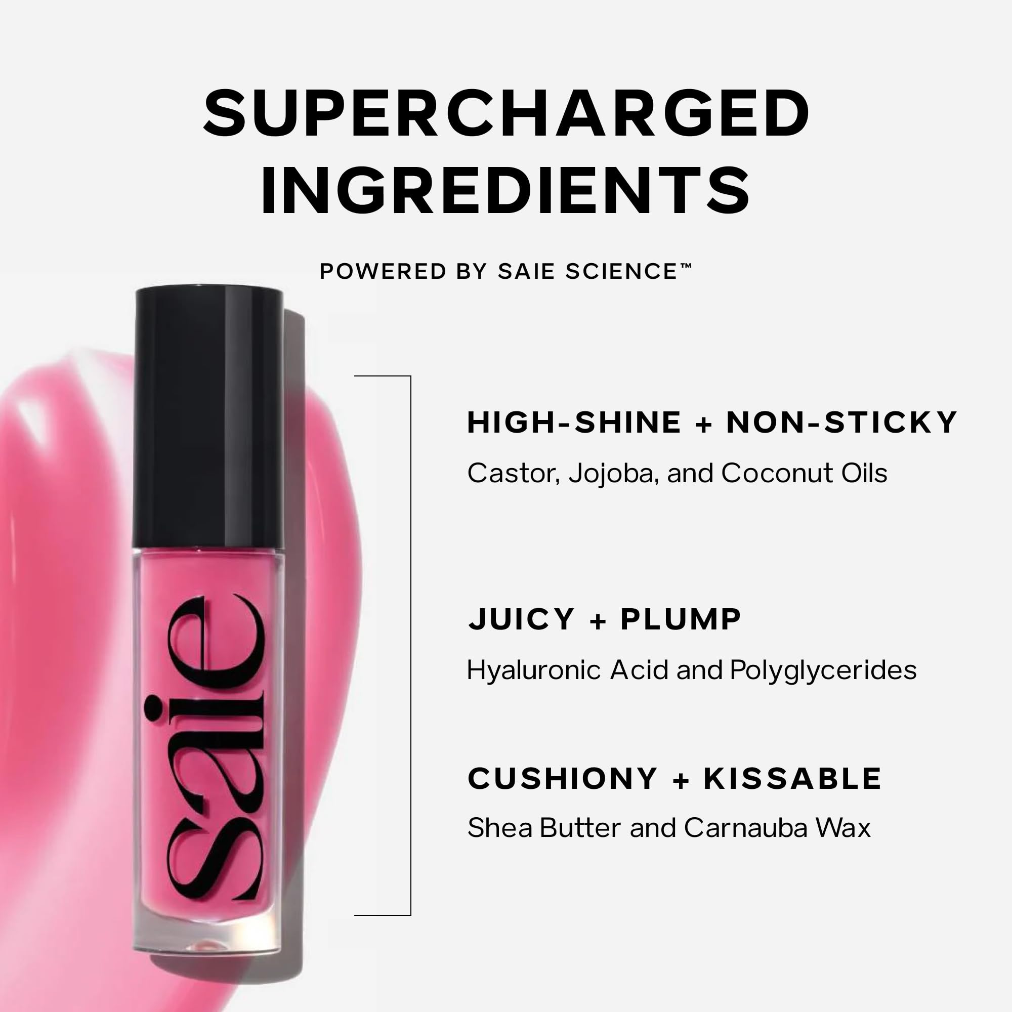 Saie Glossybounce Lip Gloss & Lip Oil Hybrid | Hyaluronic Acid + Jojoba | Non Sticky, Ultra Shine