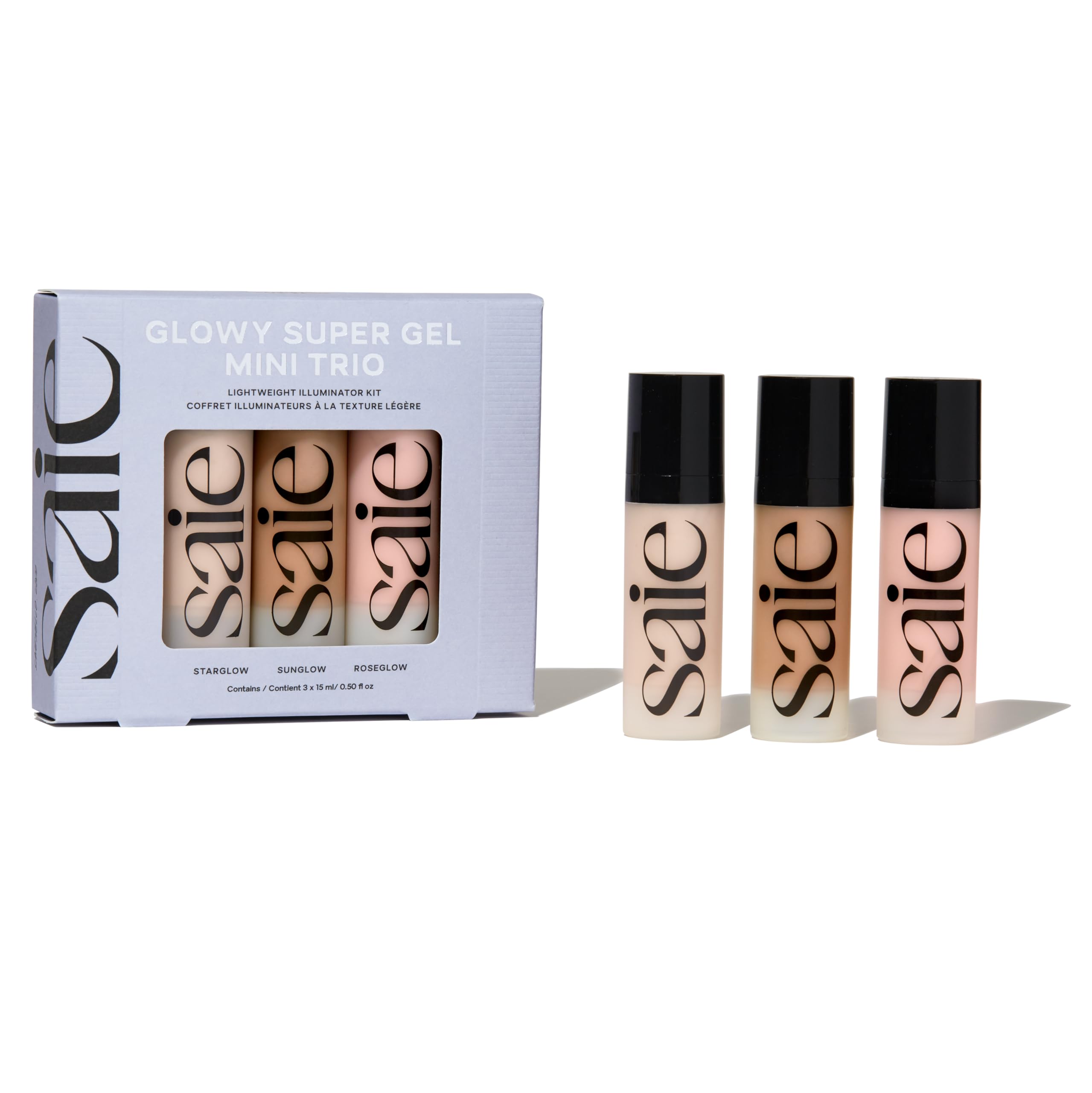 Saie Mini Glowy Super Gel Trio Gift Set – Lightweight Primer & Liquid Highlighter (Starglow, Roseglow, Sunglow)