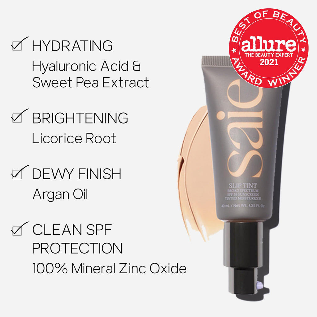 Saie Slip Tint SPF 35 Tinted Moisturizer – Light Coverage, Glowy Skin Tint with Hyaluronic Acid (Shade Five + Half) – 1.35 oz