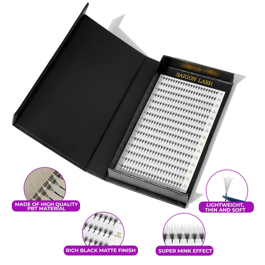 SAIGON LASH Wispy Promade Fans 3D-5D-6D-8D | Narrow Base Laser Tech Eyelash Extensions, Black D 0.07 7mm 5D