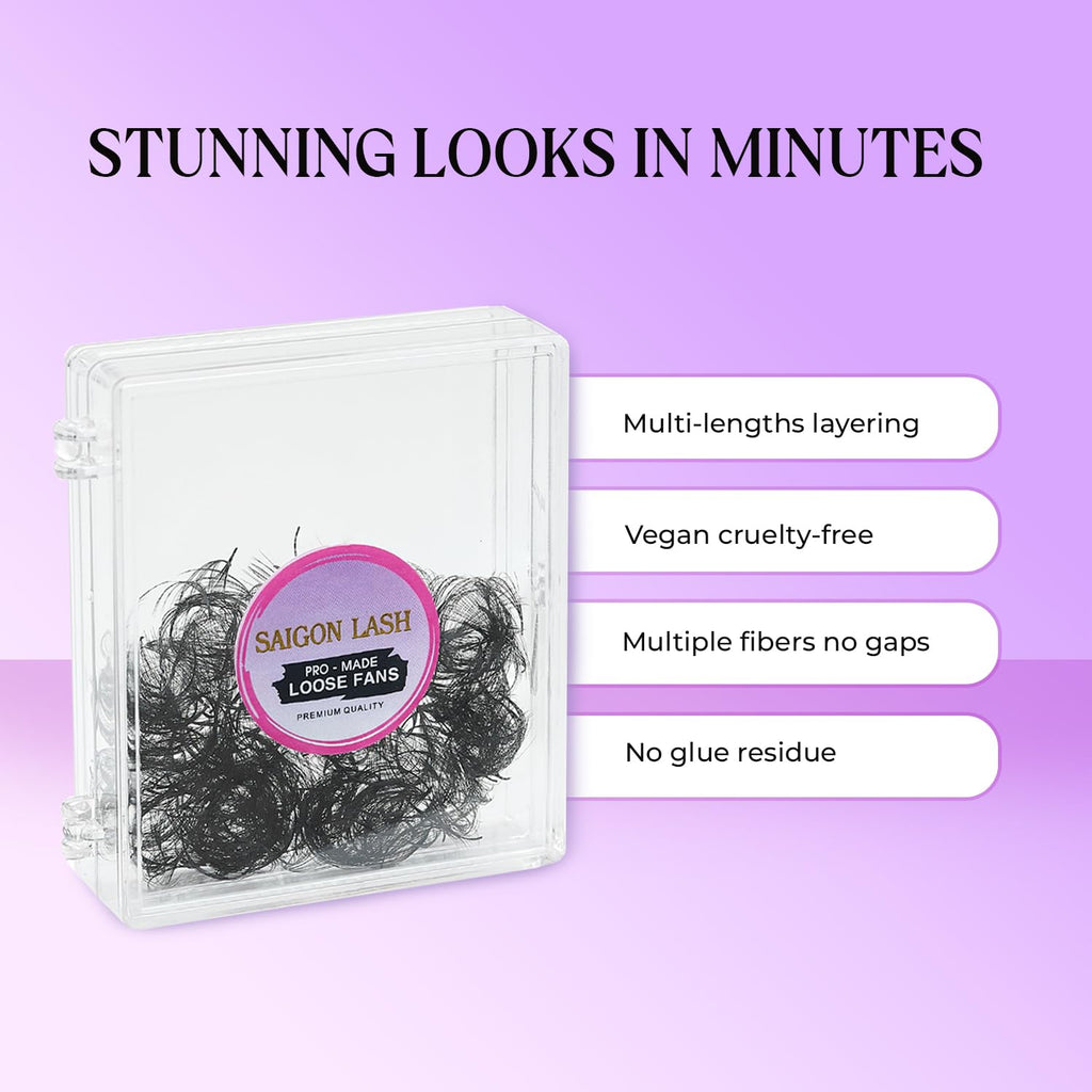 SAIGON LASH 500 pcs Narrow Promade Loose Fans – 10D 0.07 C Curl, 8–19 mm Mixed Length, Matte Black Handmade Lash Extensions
