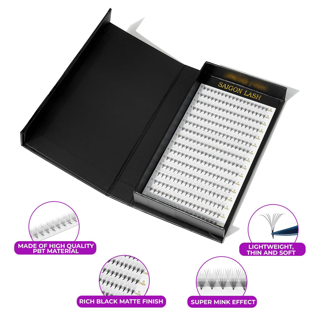 SAIGON LASH Wispy Promade Fans 3D–8D | Laser-Tech Narrow Base, C/D Curl, 6–15mm (Professional Use)