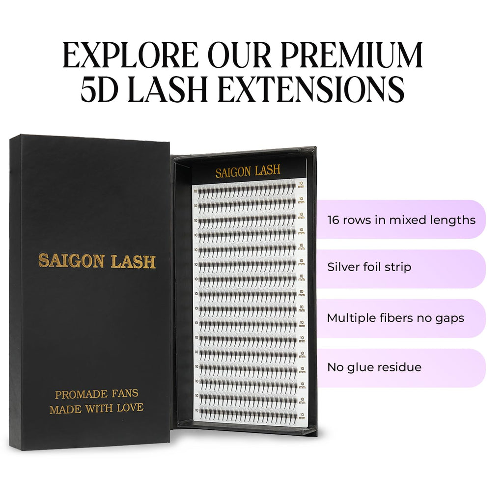 SAIGON LASH Wispy Promade Fans 3D-5D-6D-8D | Narrow Base Laser Tech Eyelash Extensions, Black D 0.07 7mm 5D