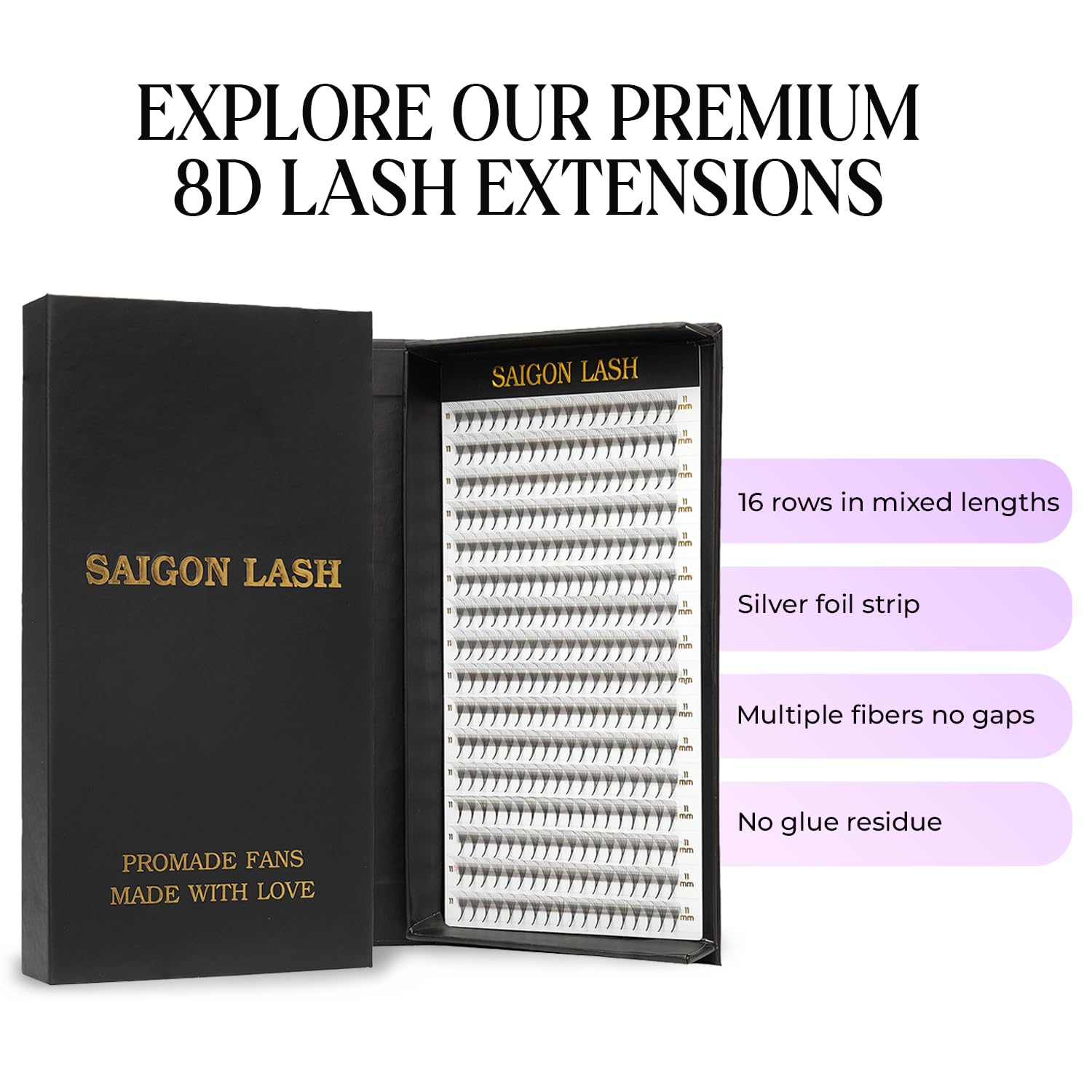 SAIGON LASH Wispy Promade Fans 3D–8D | Narrow Base Laser Tech Extensions, C/D Curl, 6–15mm, Black-D-0.05
