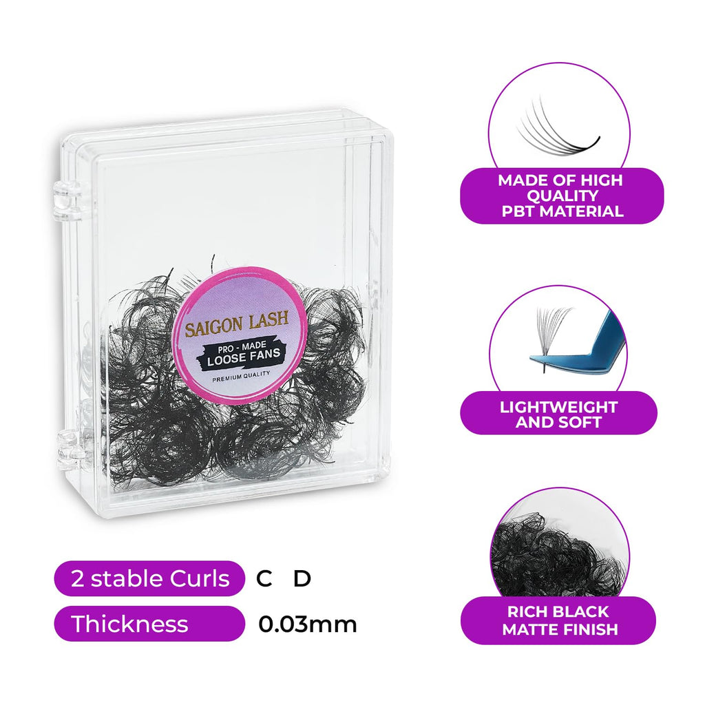 SAIGON LASH 500 pcs Narrow Promade Loose Fans – 10D 0.07 C Curl, 8–19 mm Mixed Length, Matte Black Handmade Lash Extensions