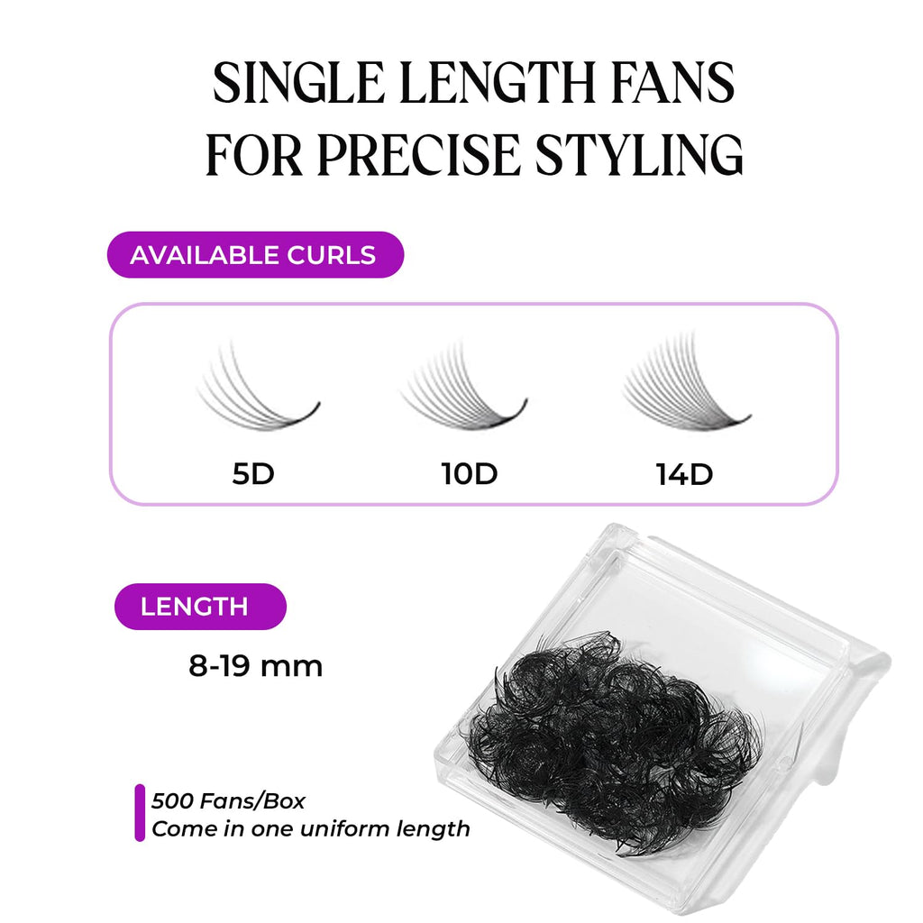 SAIGON LASH 500 pcs Narrow Promade Loose Fans – 10D 0.07 C Curl, 8–19 mm Mixed Length, Matte Black Handmade Lash Extensions