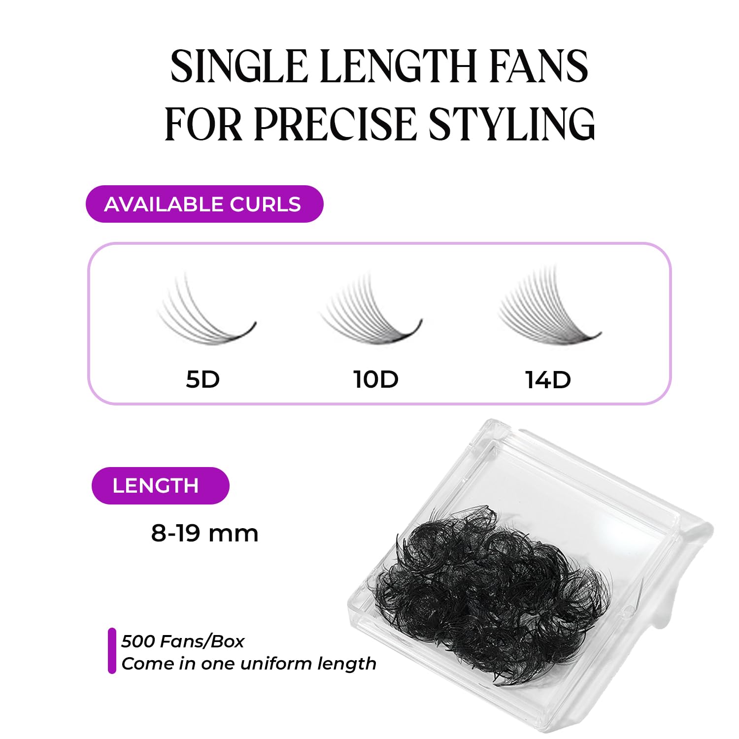 SAIGON LASH 500 pcs Narrow Promade Loose Fans – 10D 0.07 C Curl, 8–19 mm Mixed Length, Matte Black Handmade Lash Extensions