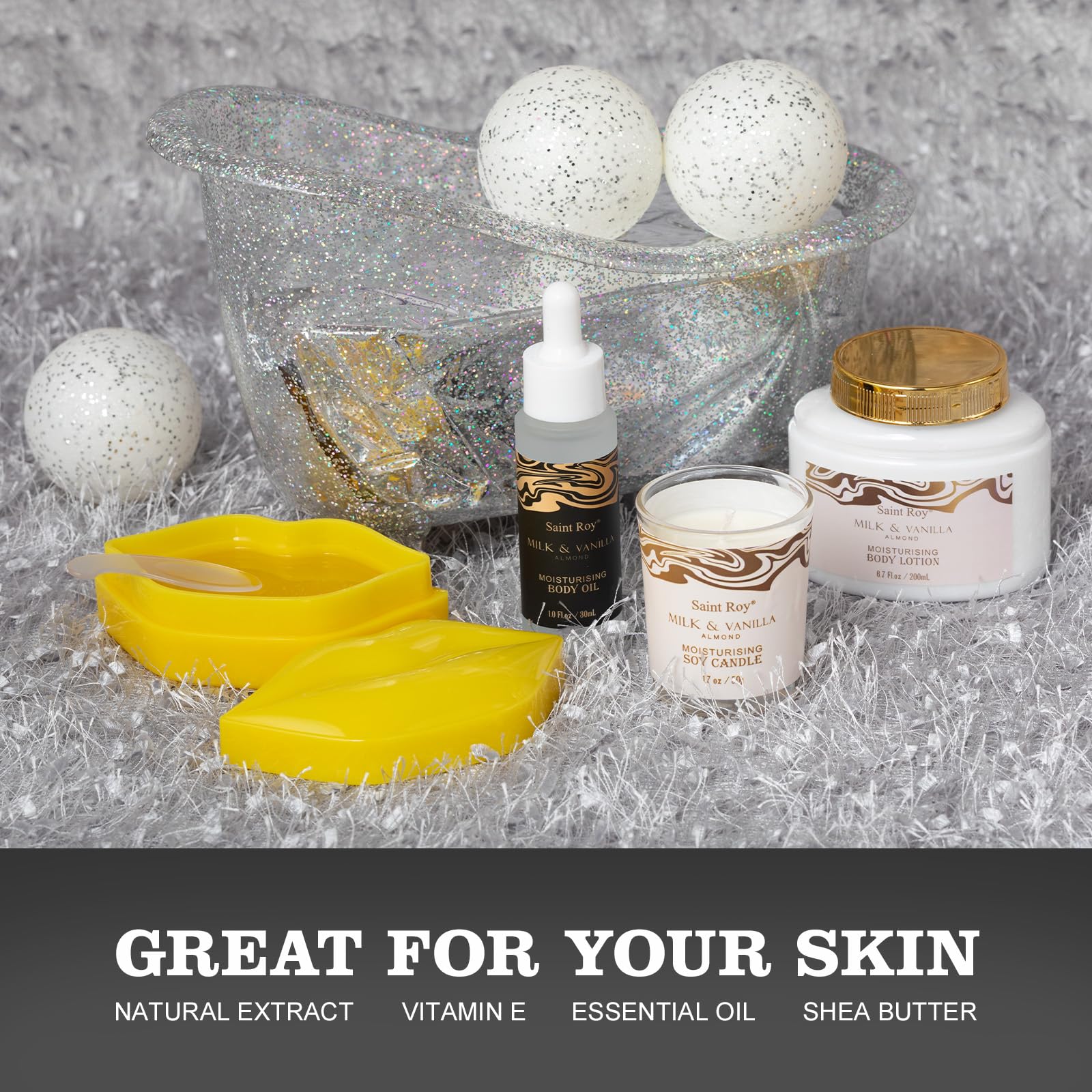 Saint Roy Spa Gift Basket | Luxury Almond Milk Vanilla Bath Set for Women