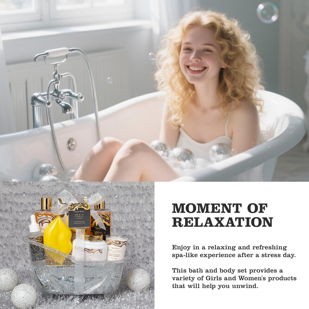 Saint Roy Spa Gift Basket | Luxury Almond Milk Vanilla Bath Set for Women