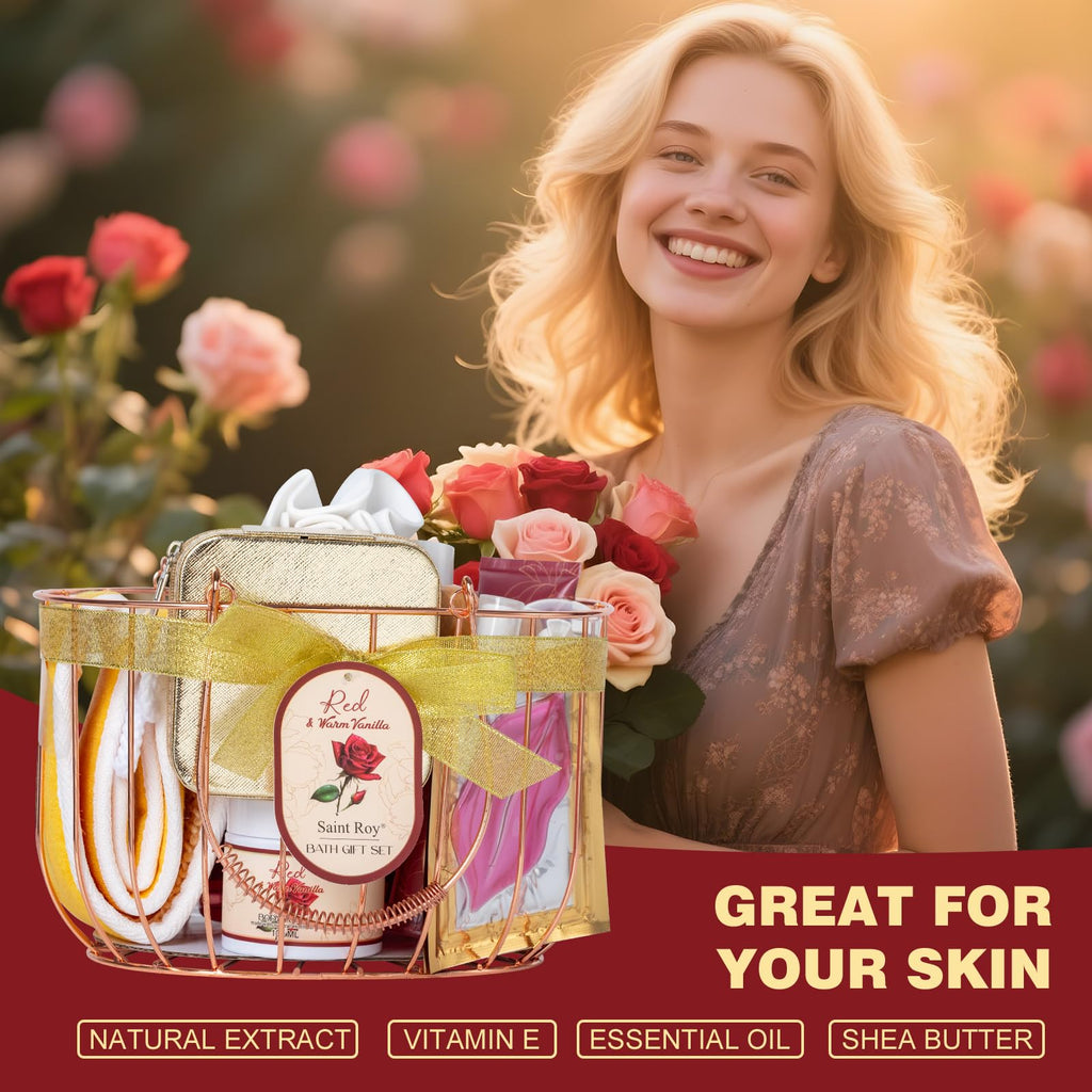 Saint Roy 21-Piece Bath & Body Gift Basket – Rose Vanilla Spa Set for Women