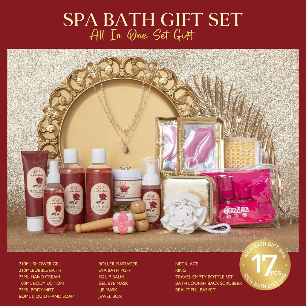 Saint Roy 21-Piece Bath & Body Gift Basket – Rose Vanilla Spa Set for Women
