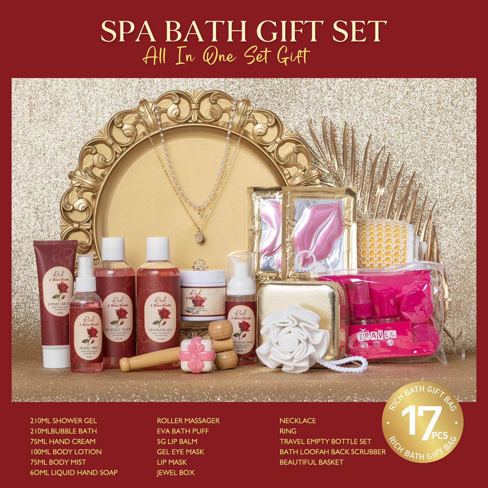 Saint Roy 21-Piece Bath & Body Gift Basket – Rose Vanilla Spa Set for Women