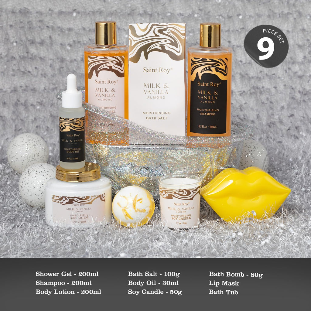 Saint Roy Spa Gift Basket | Luxury Almond Milk Vanilla Bath Set for Women